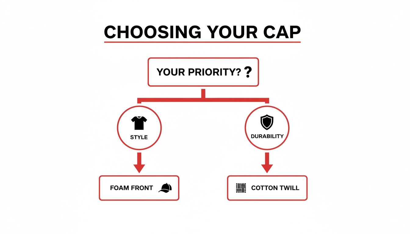 Flowchart guiding cap selection based on style for foam front or durability for cotton twill.