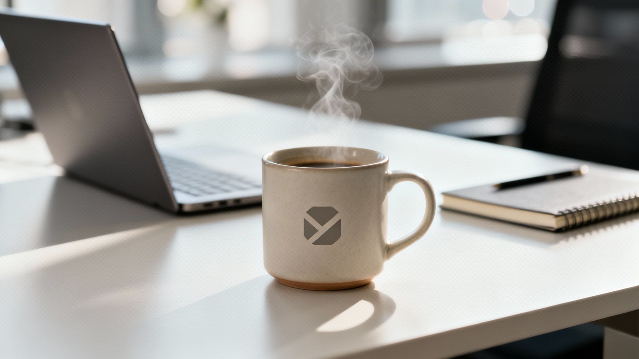 A custom logo coffee mug steaming on a white desk with a laptop and notebook in an office setting.