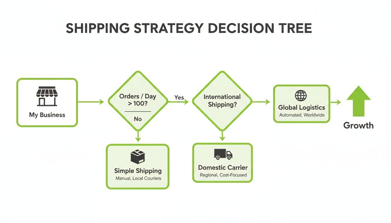 A shipping strategy decision tree flowchart guiding businesses from simple to global logistics based on order volume and international shipping needs.