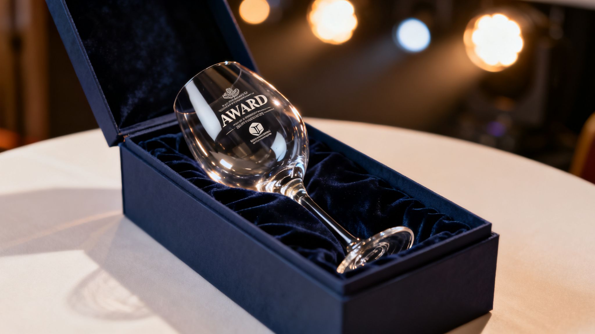 A personalized wine glass award with text and logo, displayed in a blue velvet box.