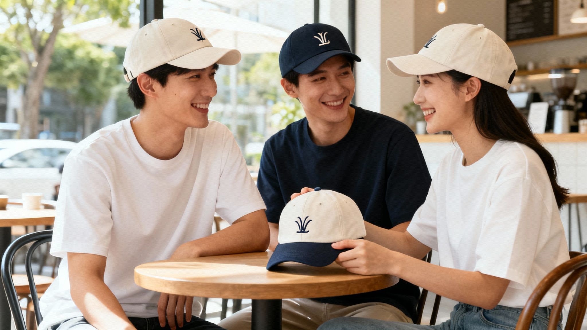 Three young people in a cafe, smiling and wearing stylish custom embroidered baseball caps.