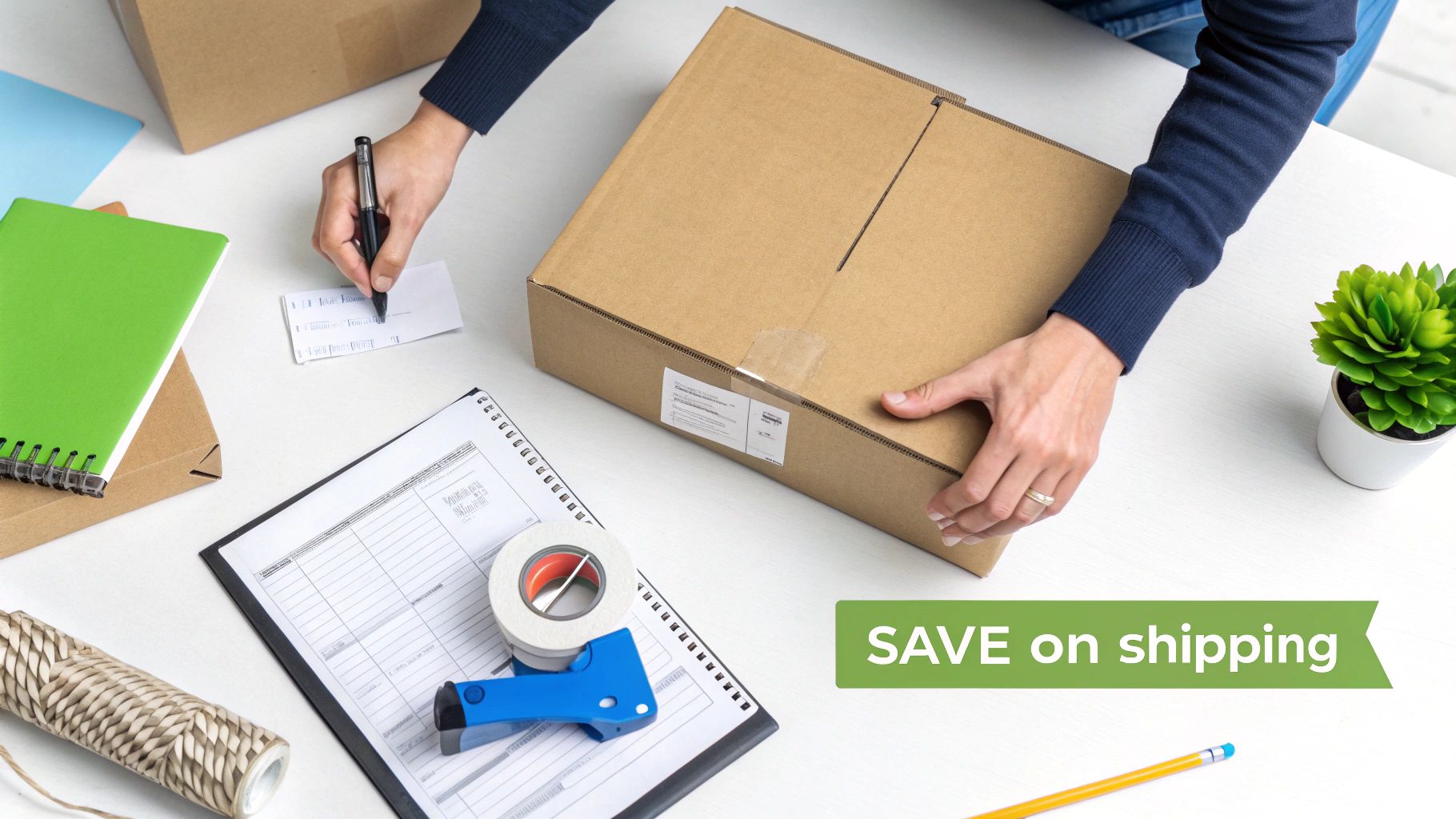 A person preparing a cardboard box for shipping, writing on a document, with supplies on a white desk.