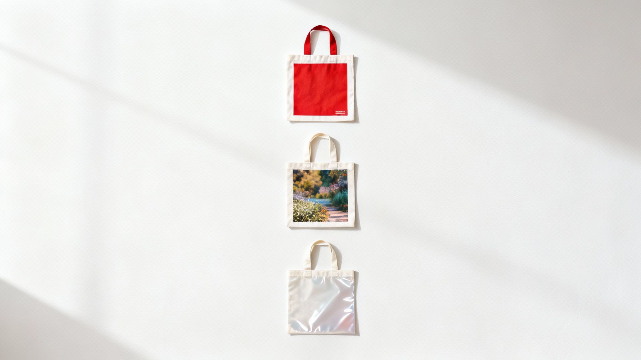A close-up of different printing methods on various tote bag materials