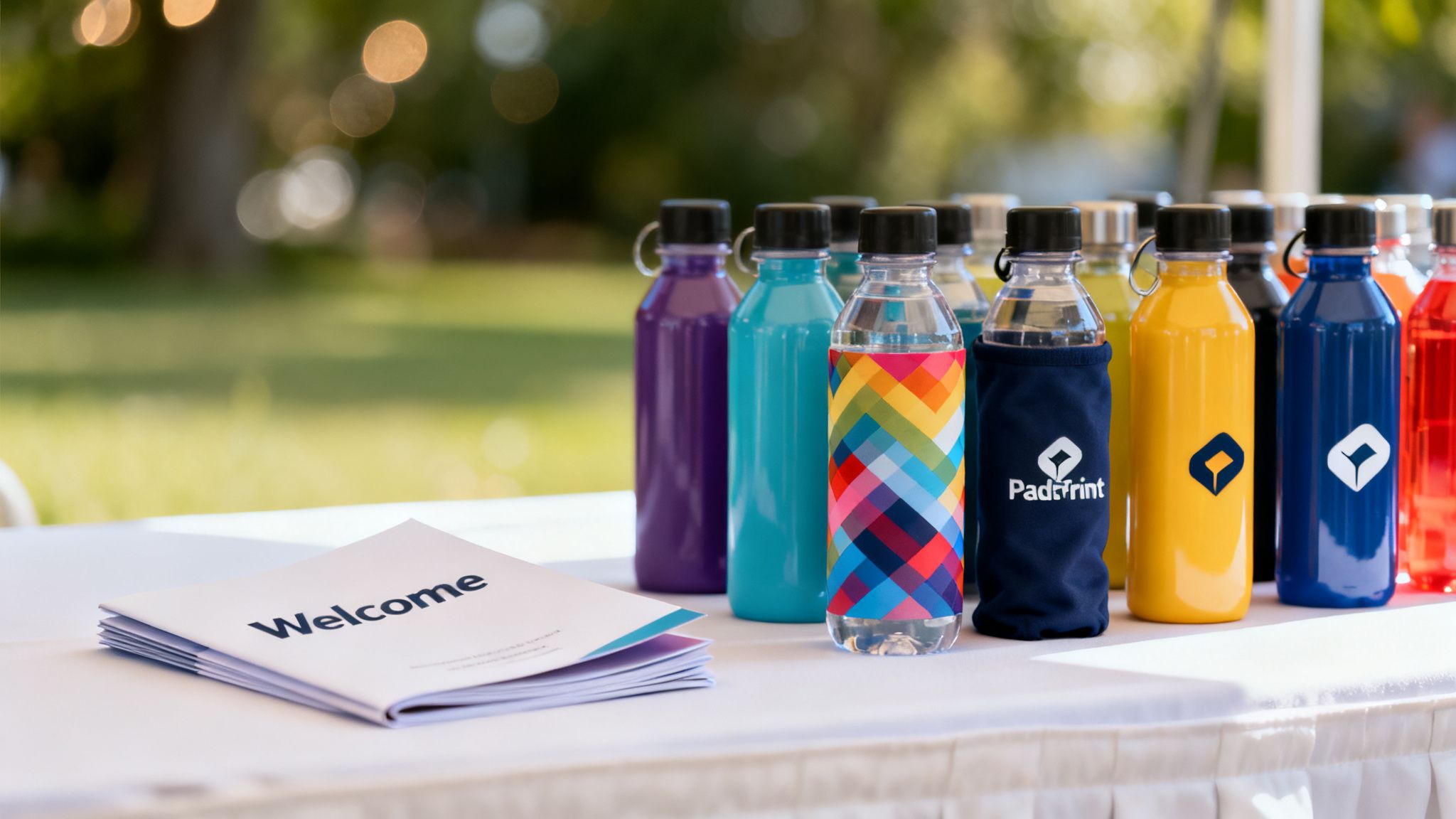 Colorful promotional water bottles and 'Welcome' brochures neatly arranged on a table for an outdoor event.