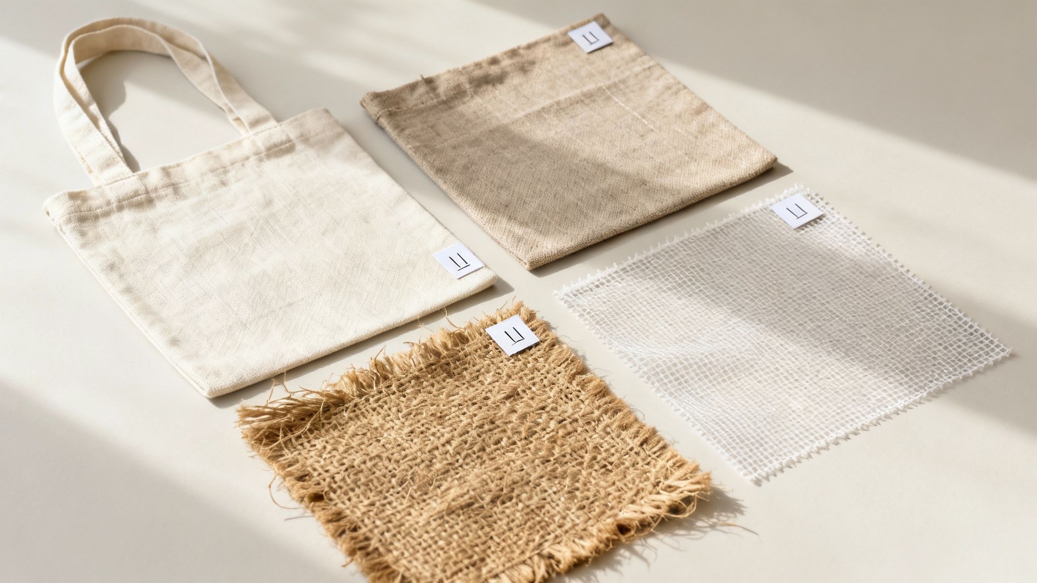 A stack of plain tote bags in different colours and materials