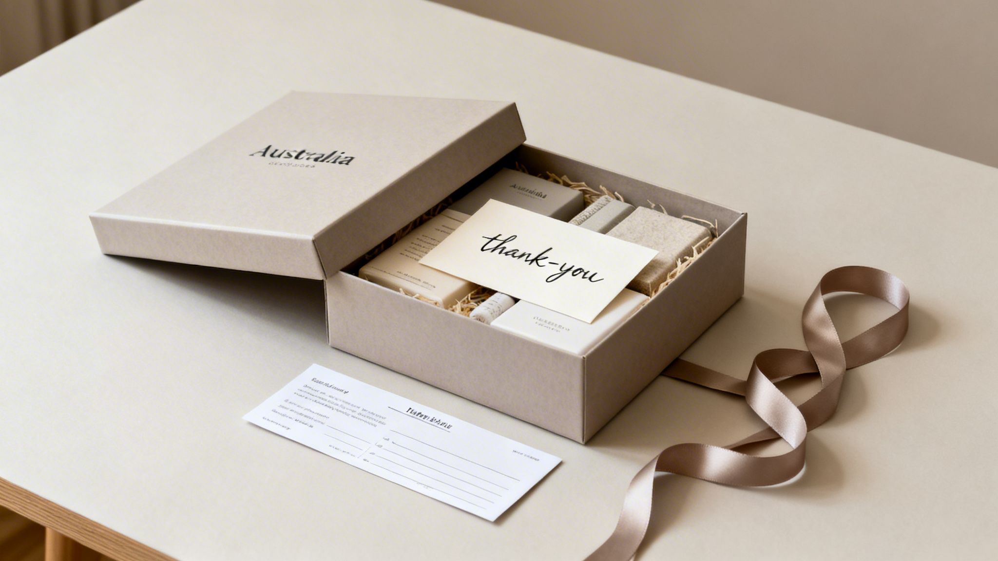 An elegant open gift box from 'Australia' with natural soaps and a 'thank-you' card on a table.