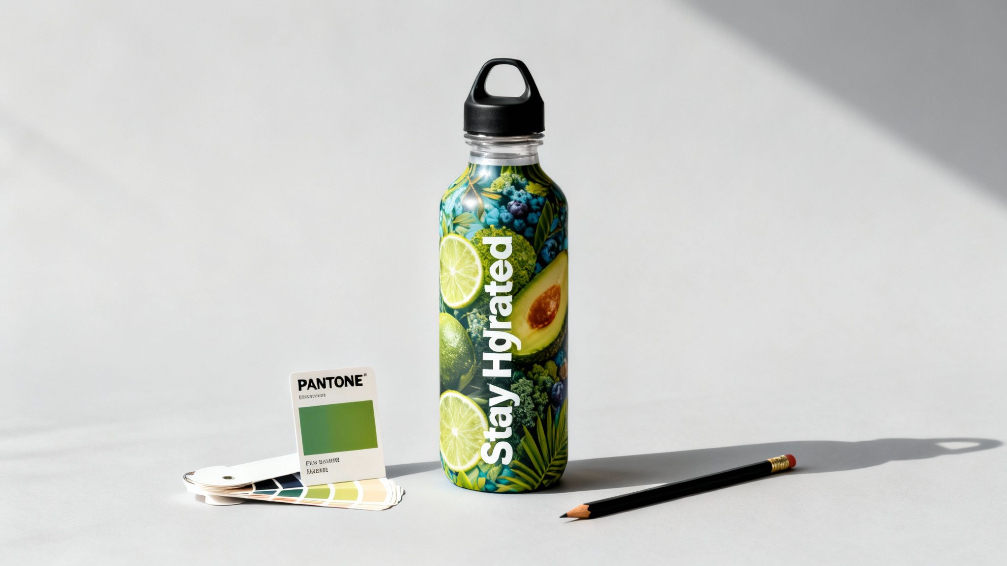 A vibrant water bottle with fruit design, a Pantone swatch, and a pencil on a gray background.