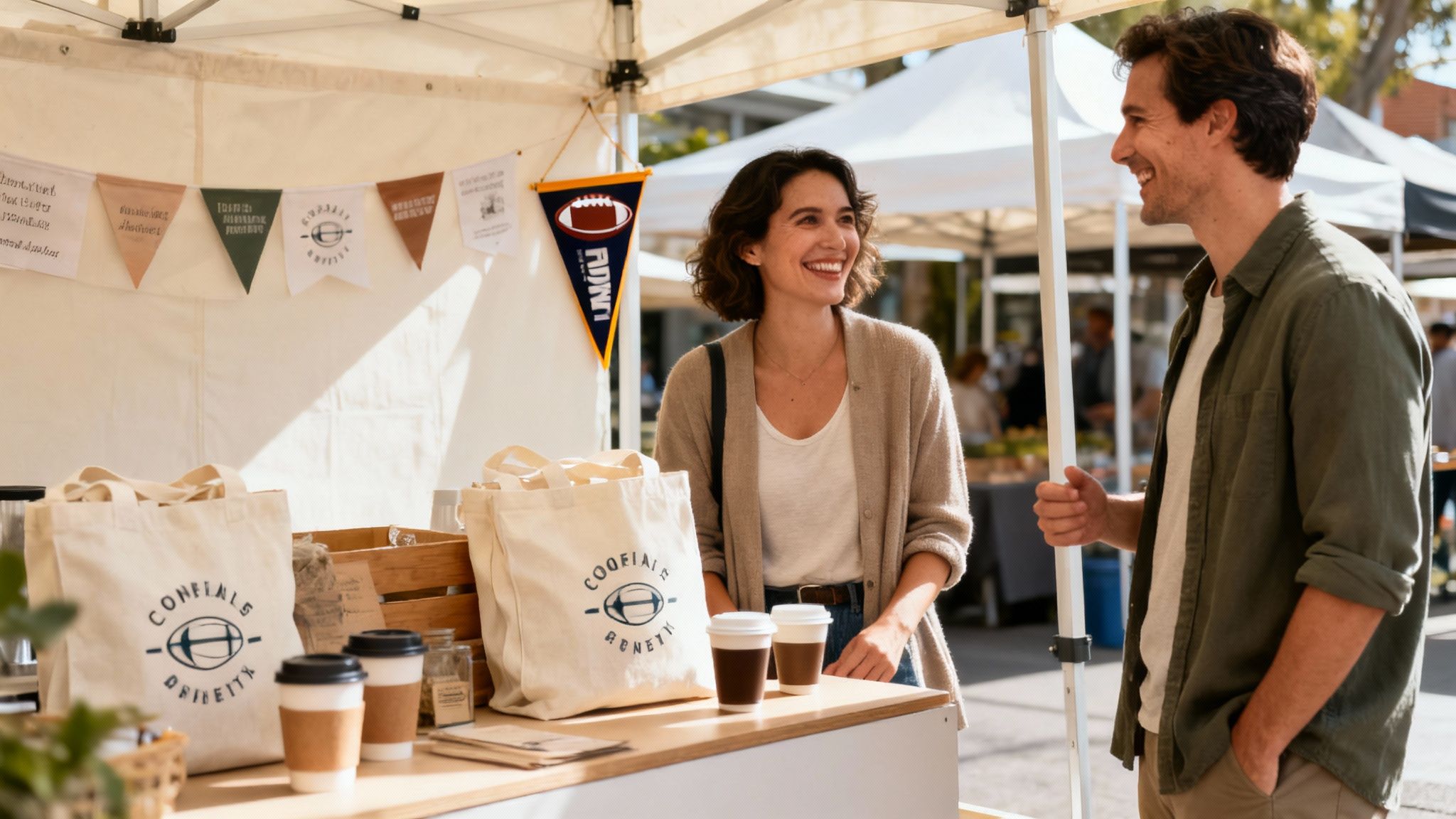 A small business owner happily serving a customer at a sunny local market stall.