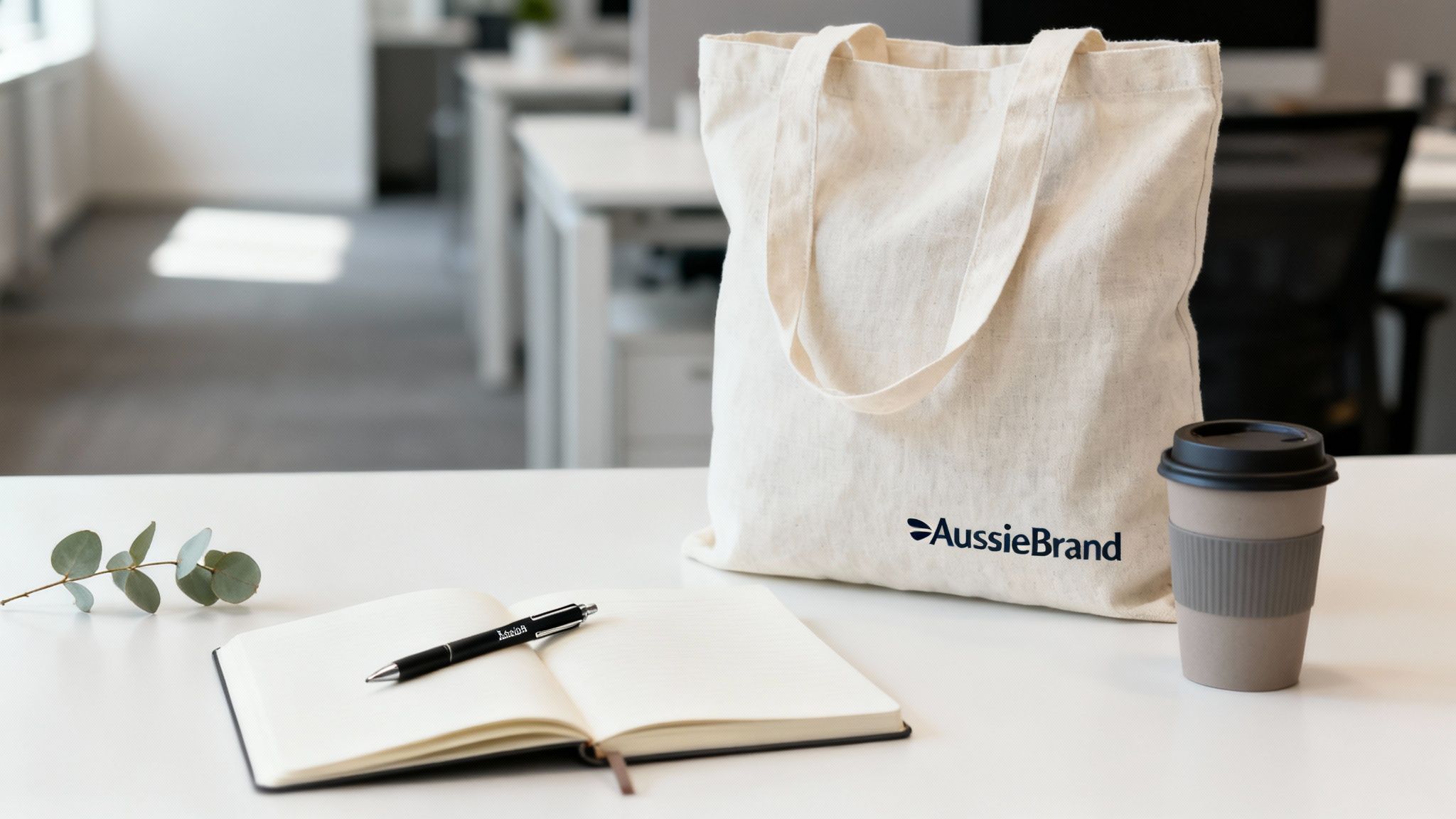 Promotional items, including a tote bag, coffee cup, and pen, displayed on a clean office desk.
