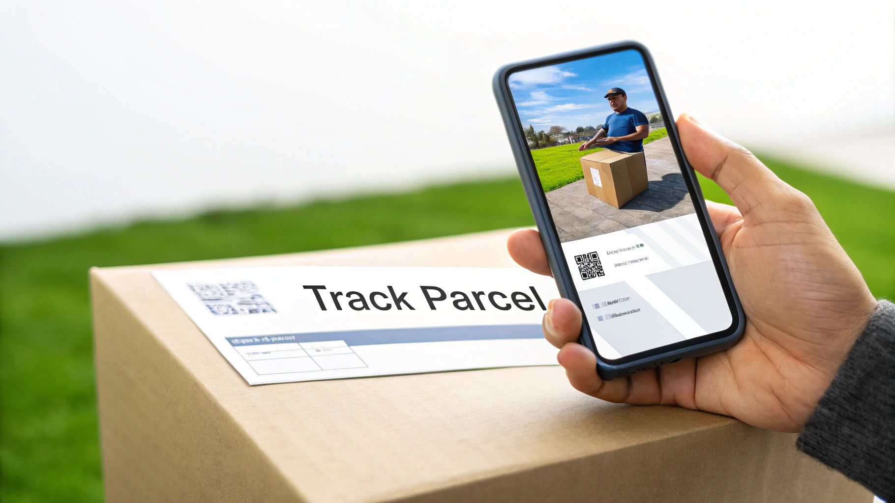 A person scanning a shipping label on a parcel with a handheld device.