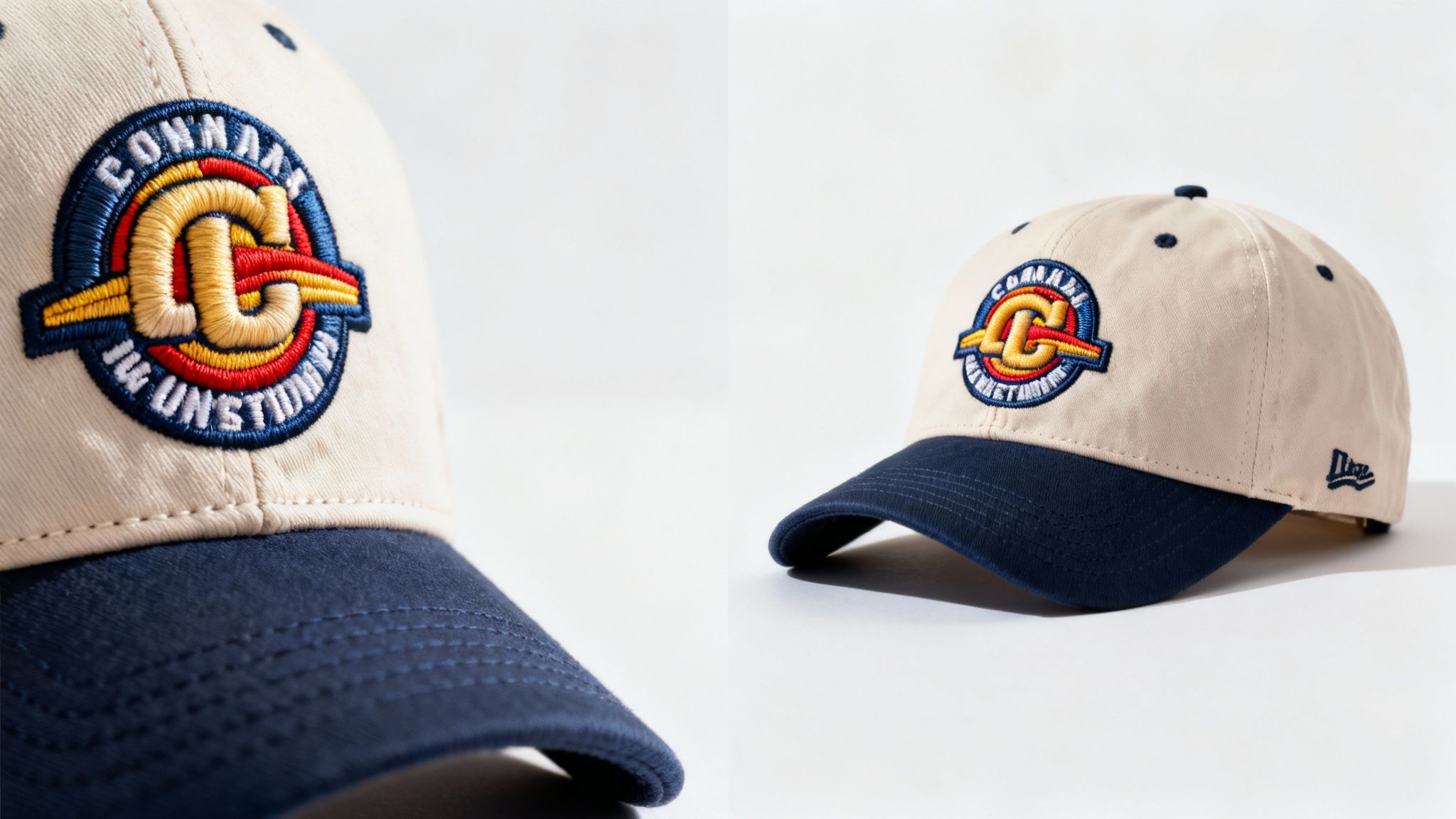An embroidered cap next to a printed cap showing the difference in texture and finish.