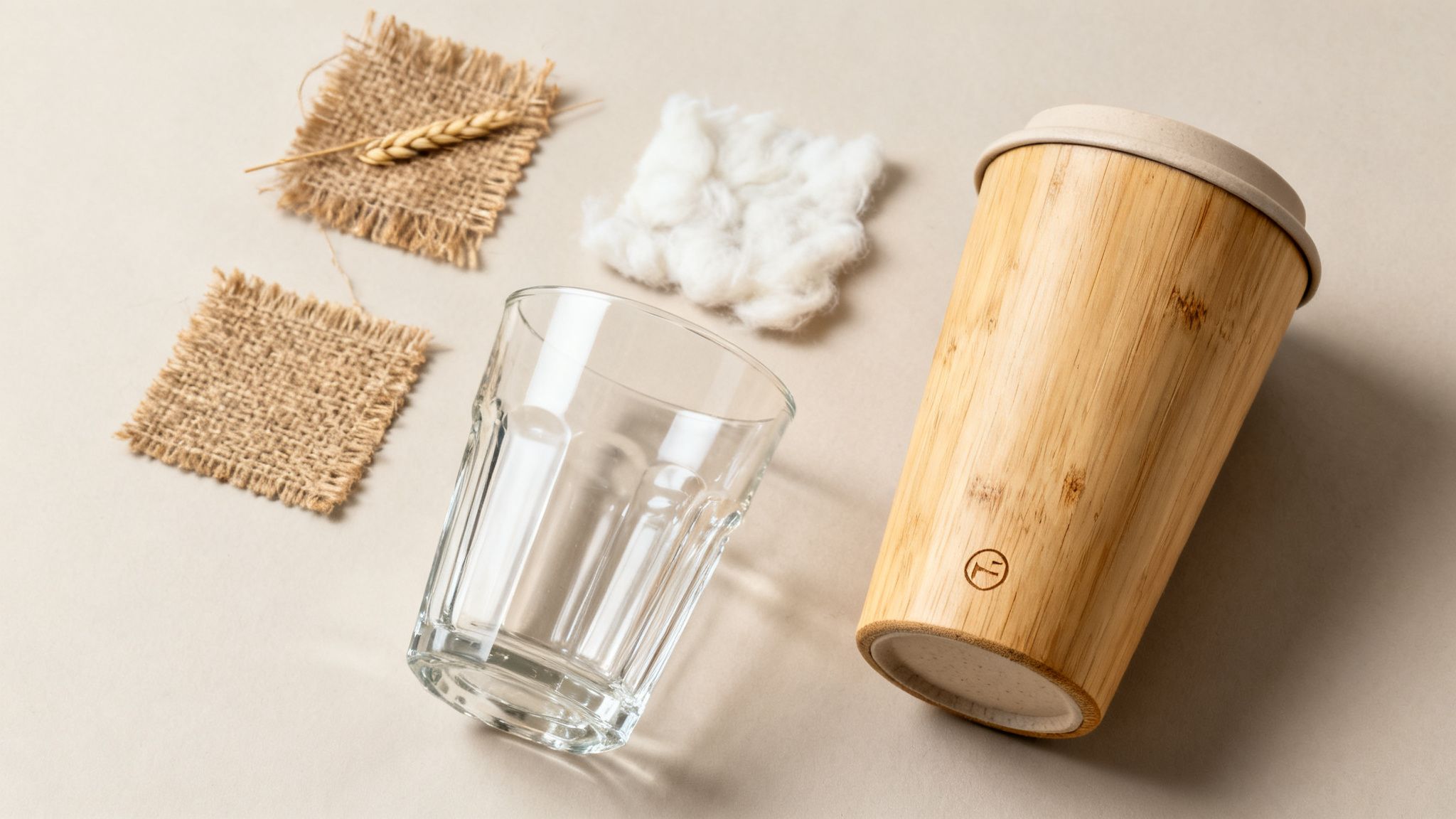 Eco-friendly materials and products including a bamboo cup, glass, wheat, cotton, and burlap.