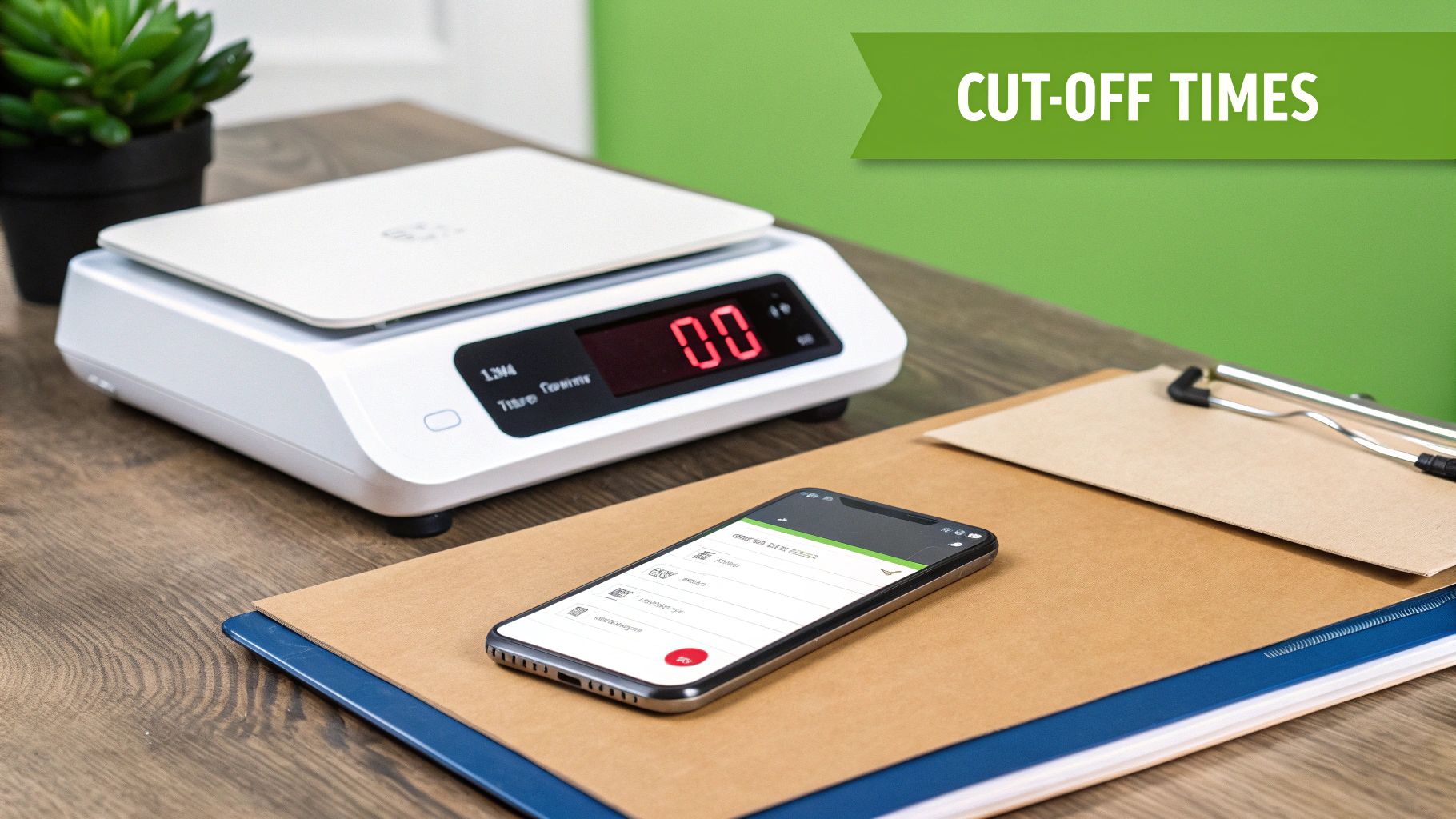 Clock face next to a stack of coins and a parcel