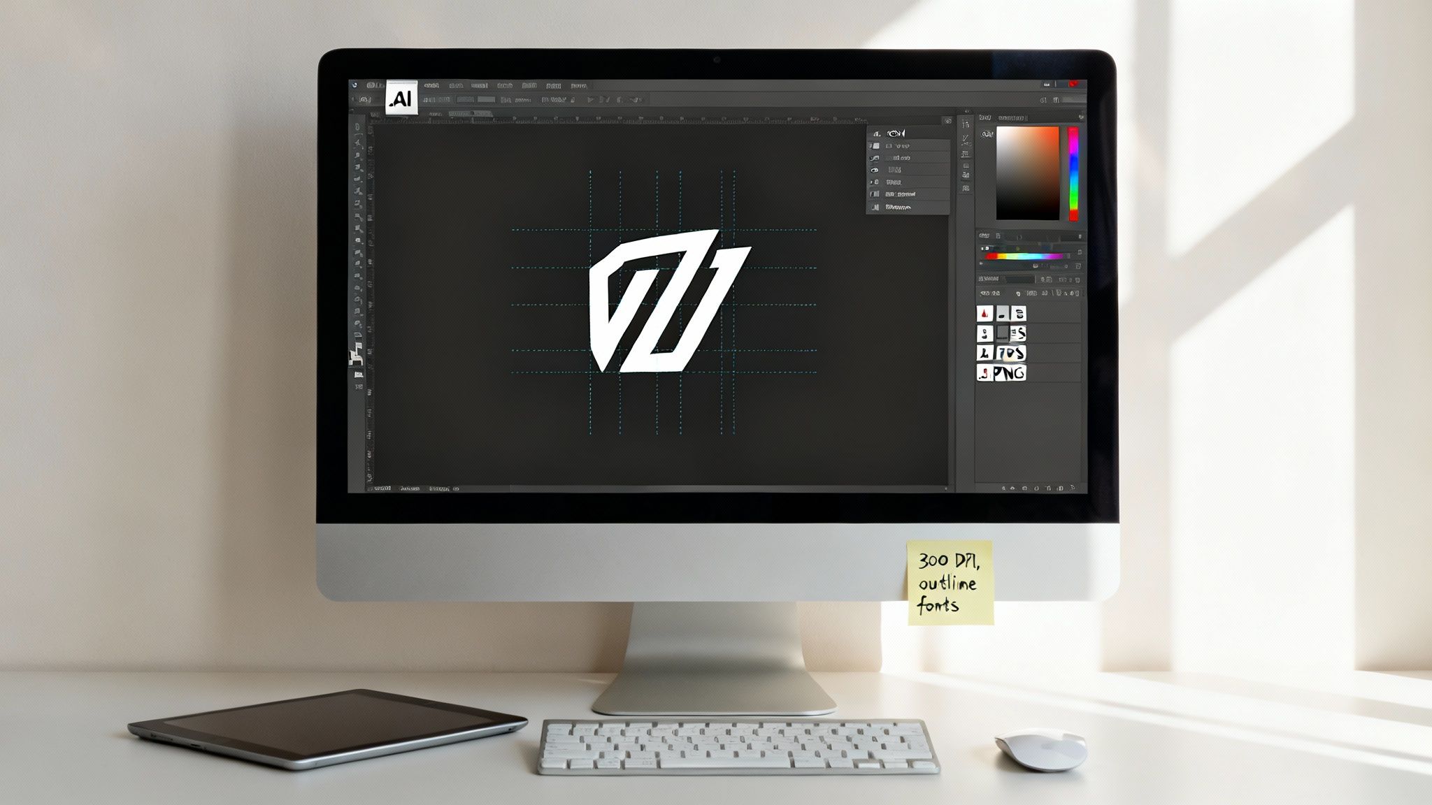 A computer screen shows a white abstract logo in design software, with a sticky note on the monitor.