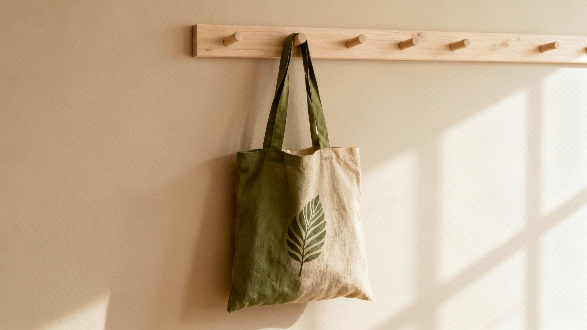 A natural canvas tote bag with a green leaf design hangs on a wooden wall rack in sunlight.