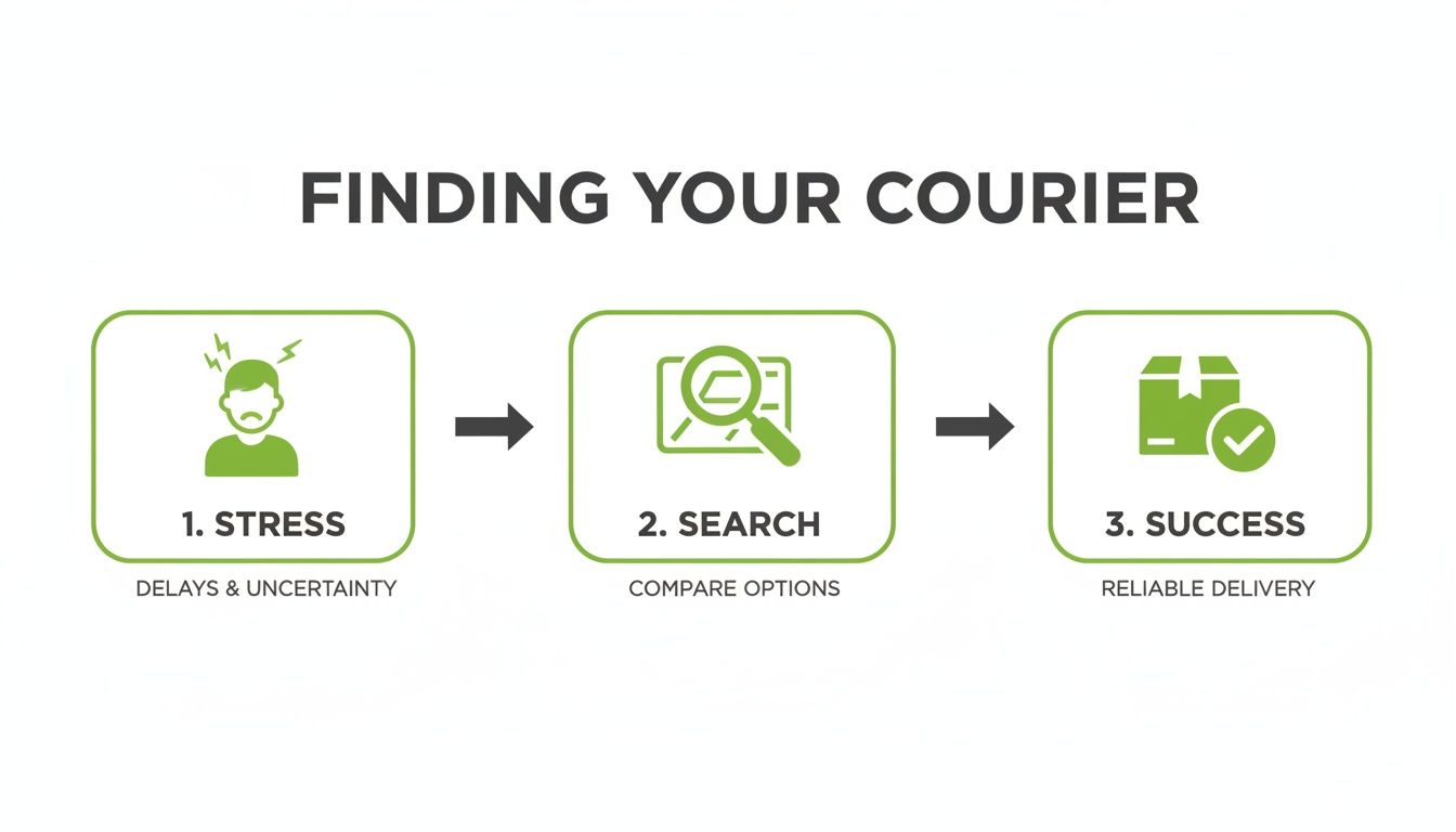 Diagram illustrating a three-step process: stress, search, and success for finding a reliable parcel courier.