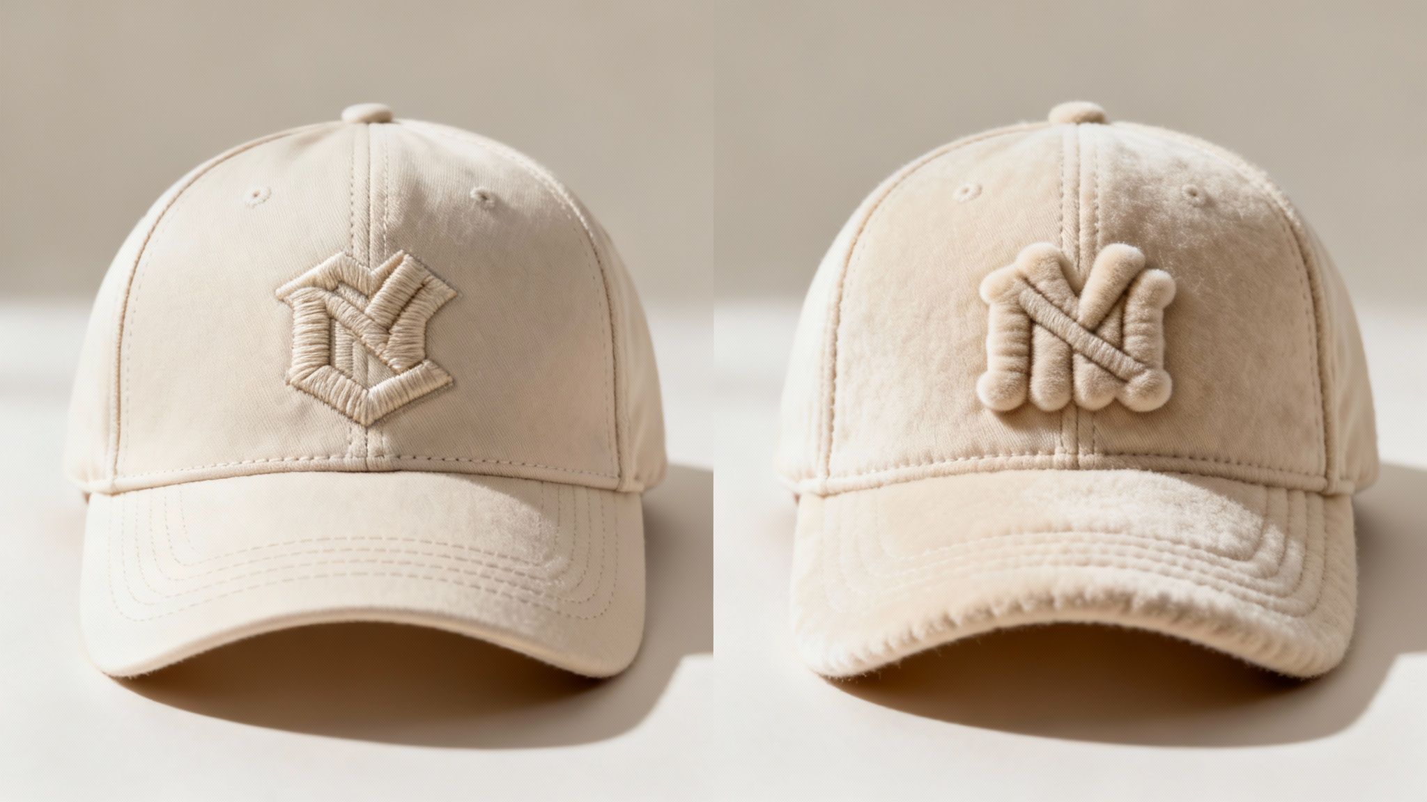 Two beige embroidered baseball caps with custom monogram logos displayed on neutral background