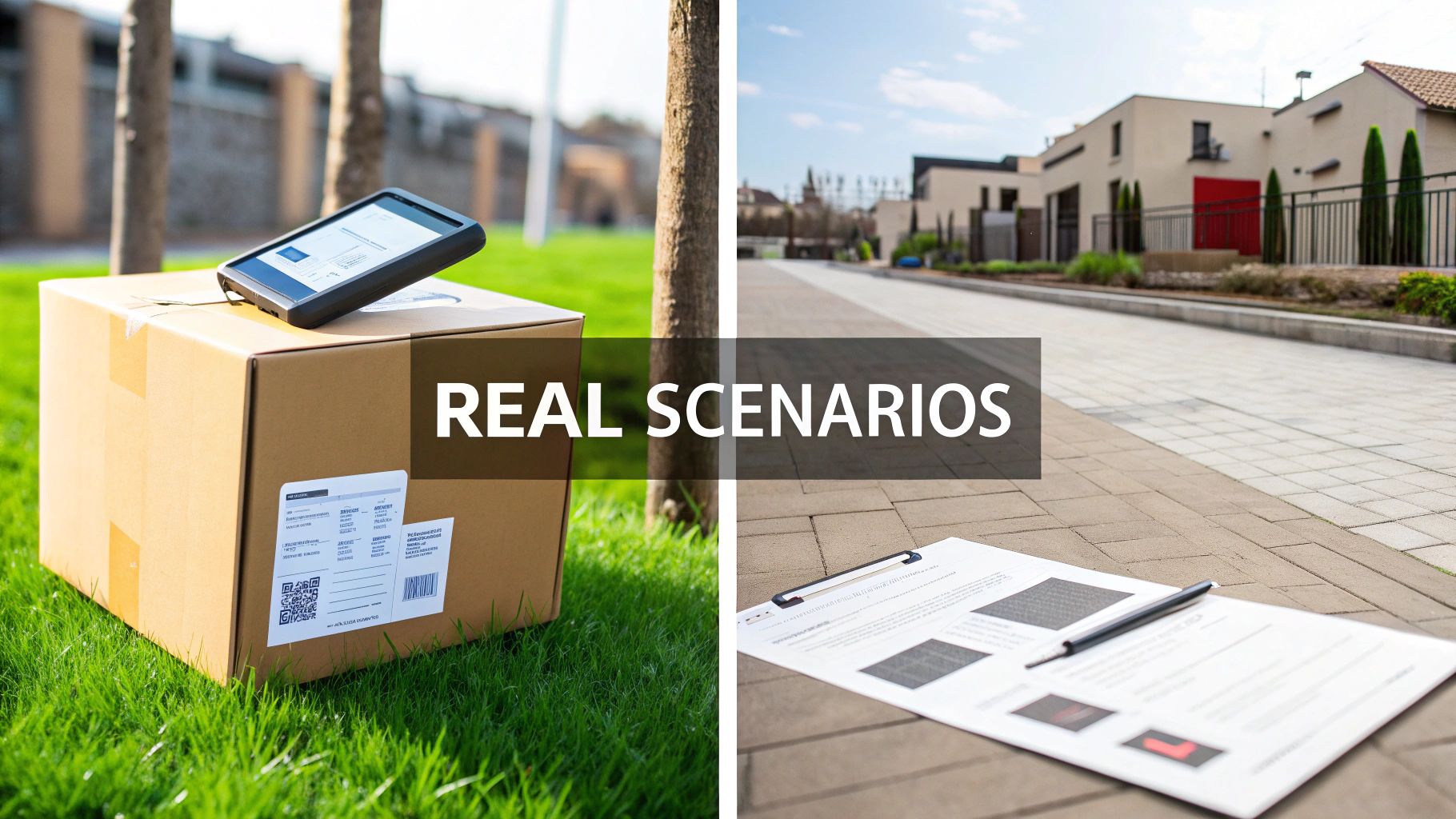 A split image shows a delivery box with a tablet on grass and a street with documents, labeled 'REAL SCENARIOS'.
