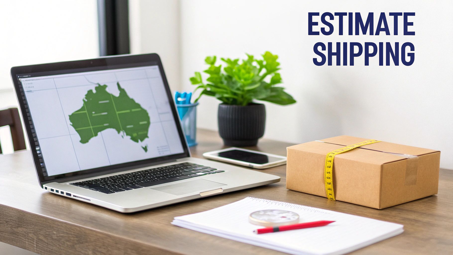 Desk with laptop showing Australia map, shipping box with tape, and 'Estimate Shipping' text.
