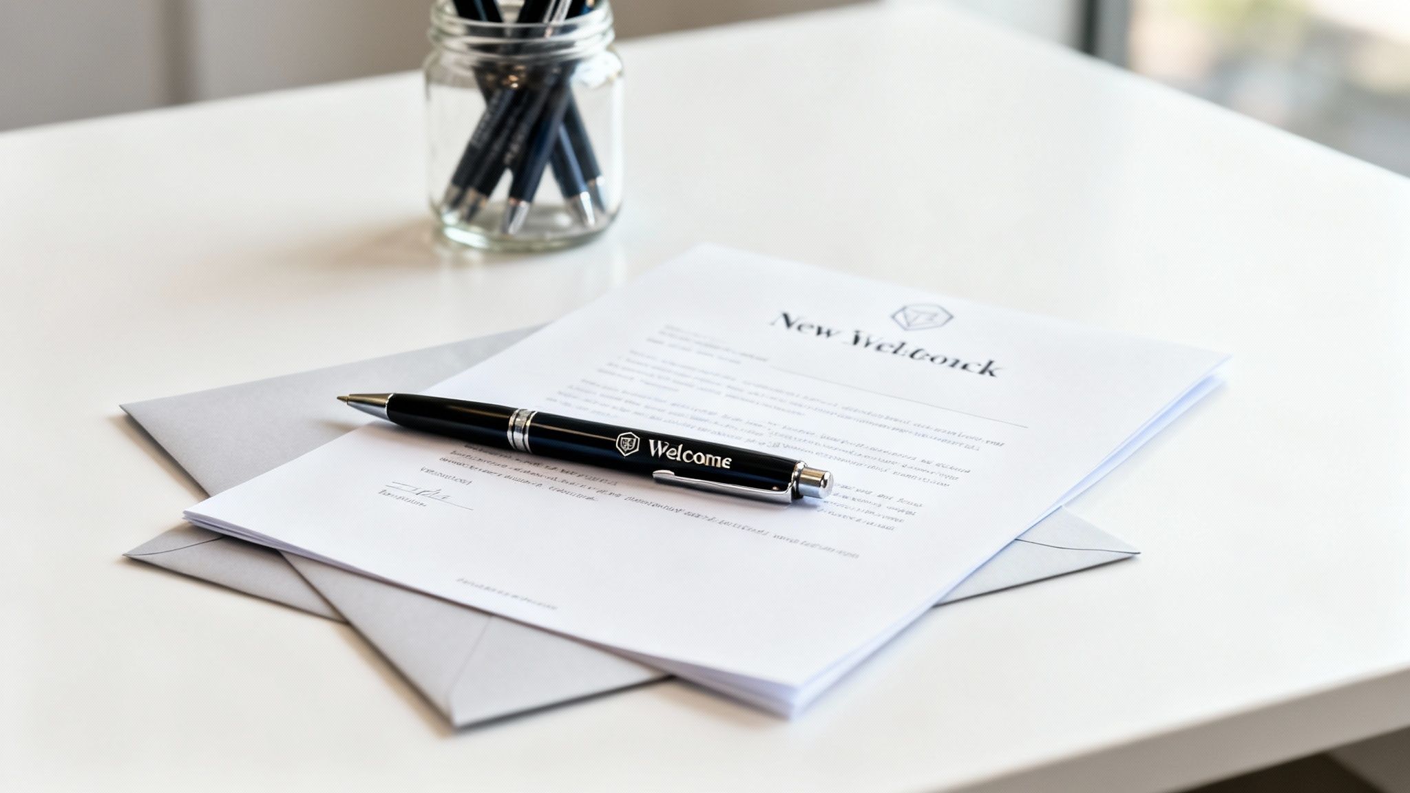 A black promotional pen with 'Welcome' text and a logo rests on a 'New Welcome' letter and an envelope on a white desk.