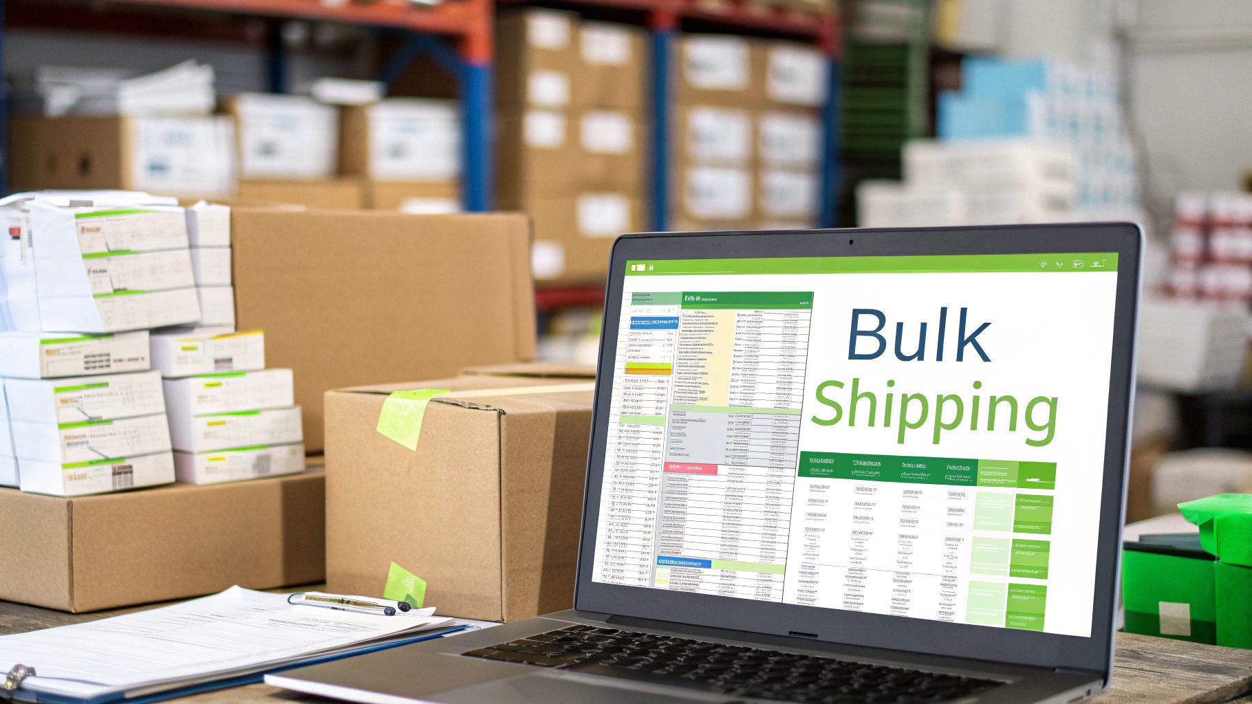 A person using a laptop to manage eCommerce shipping labels, representing technology in logistics.