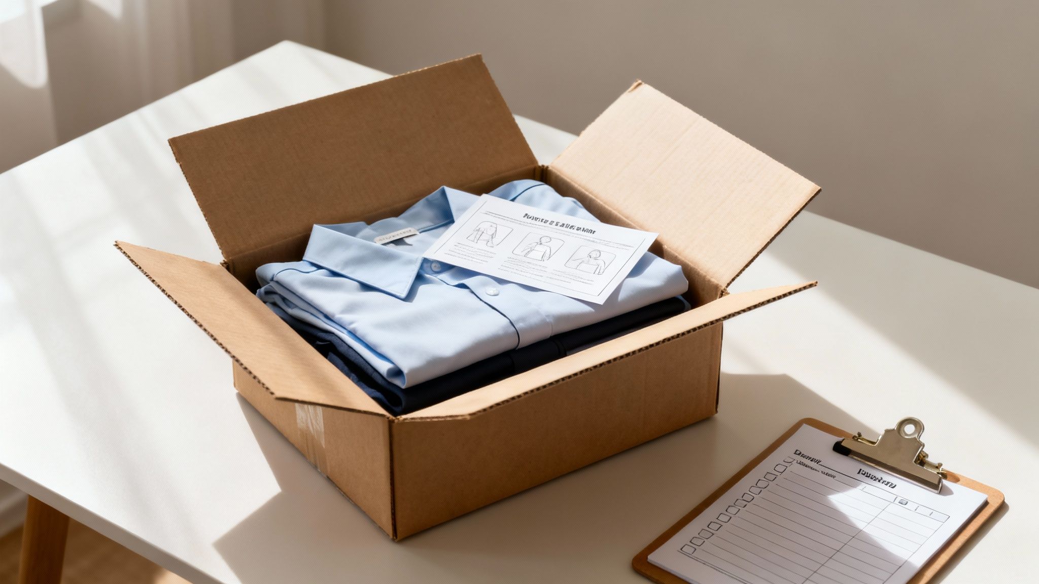 An open cardboard box containing folded light blue uniform shirts and an instruction card on a white table.