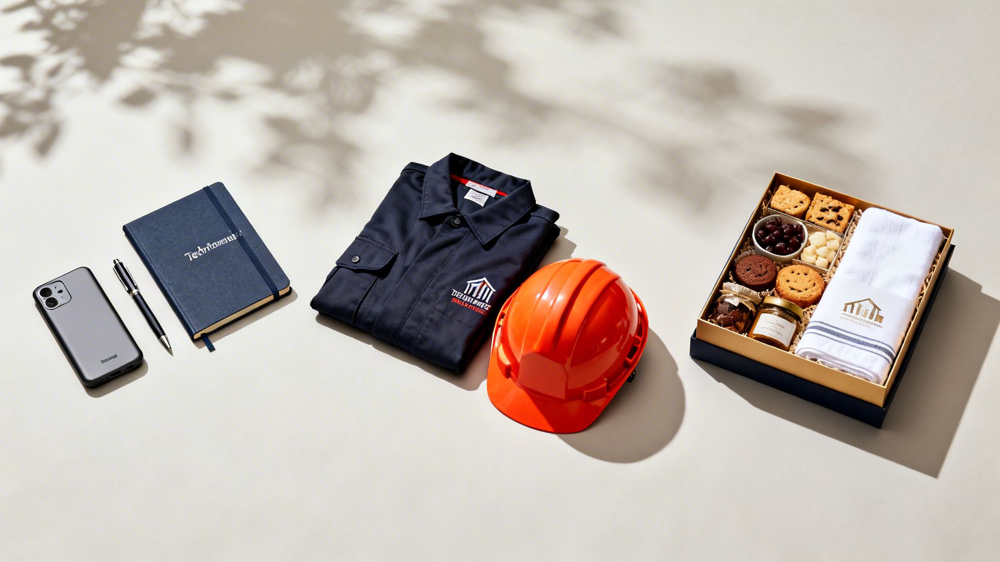A flat lay of corporate gifts, including a navy work shirt, orange hard hat, notebook, pen, phone, and a gift box with treats and a towel.