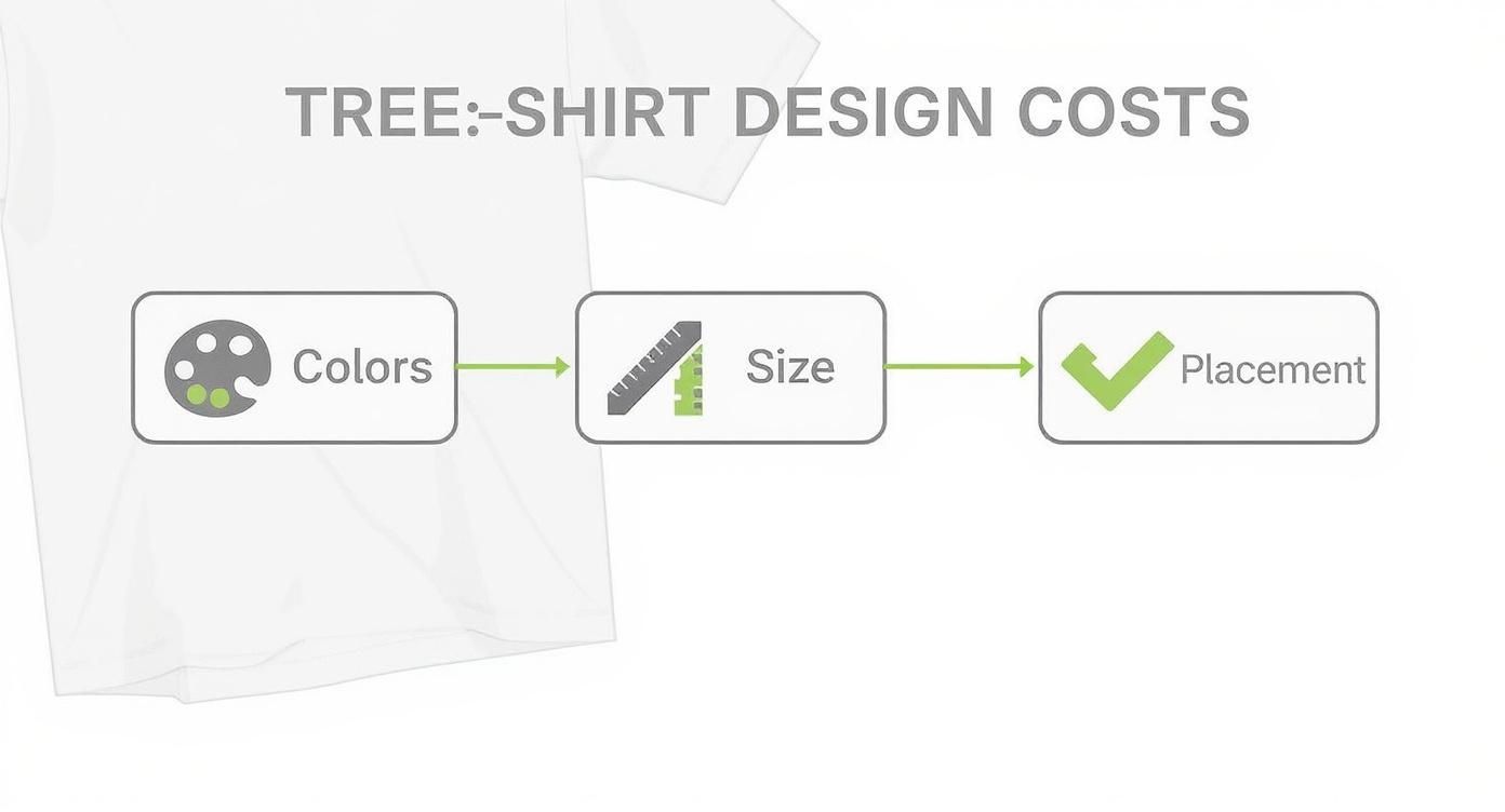 Flowchart illustrating t-shirt design cost factors: colors, size, and placement, over a white t-shirt background.