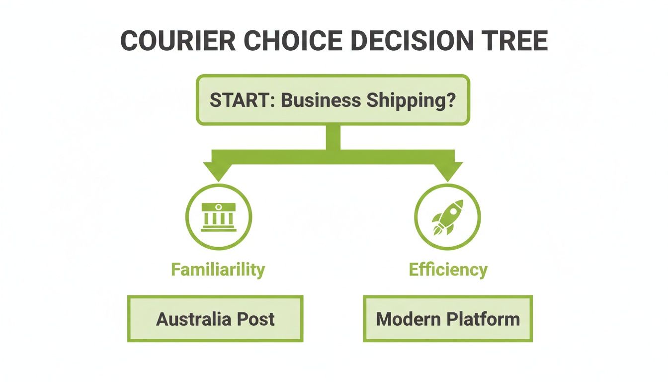 Decision tree flowchart showing courier choices for business shipping: Familiarity (Australia Post) or Efficiency (Modern Platform).