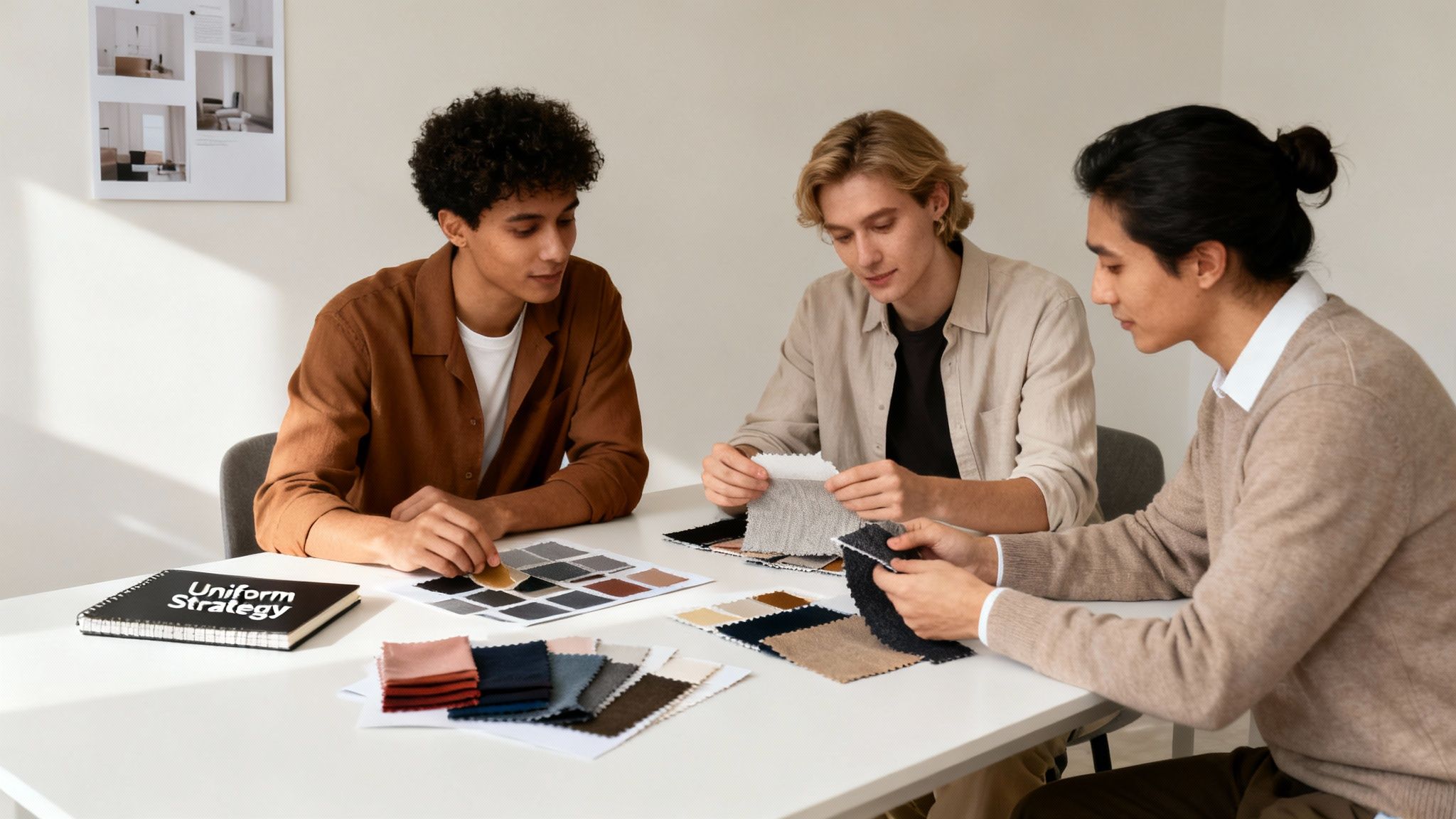 A diverse team of designers examines fabric swatches and color palettes for uniform strategy.