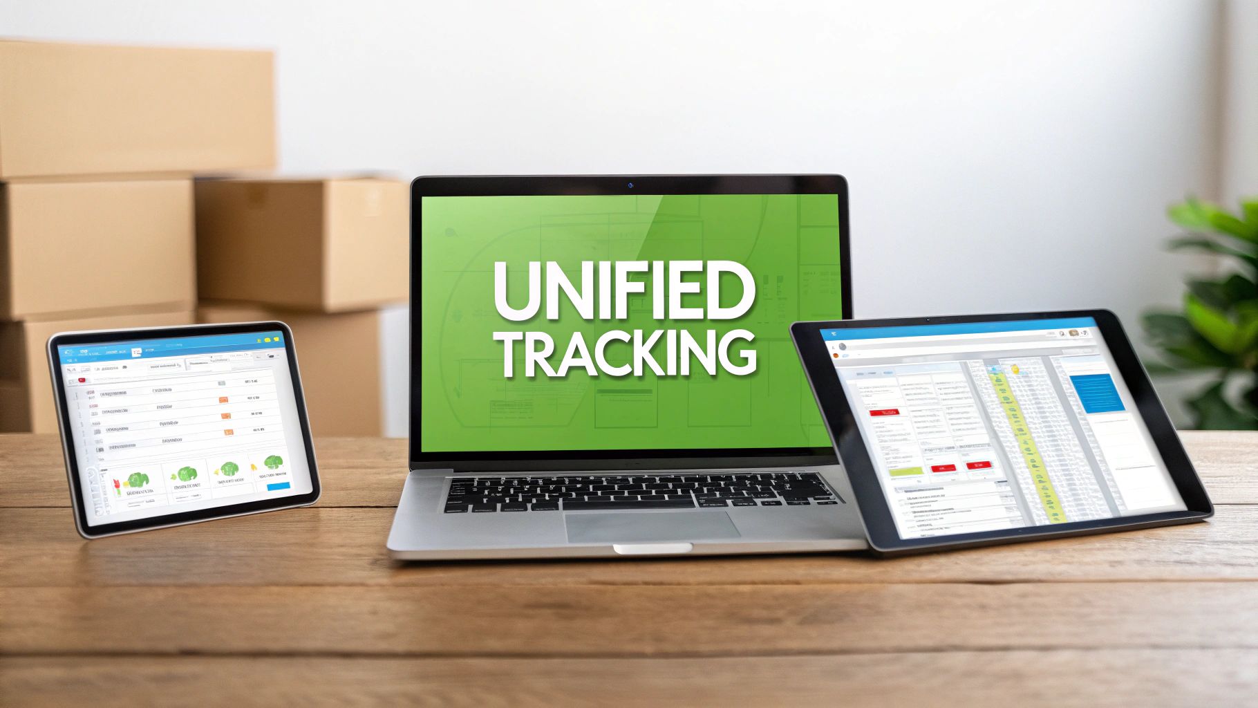 Digital devices display a 'Unified Tracking' system on a wooden desk with shipping boxes.