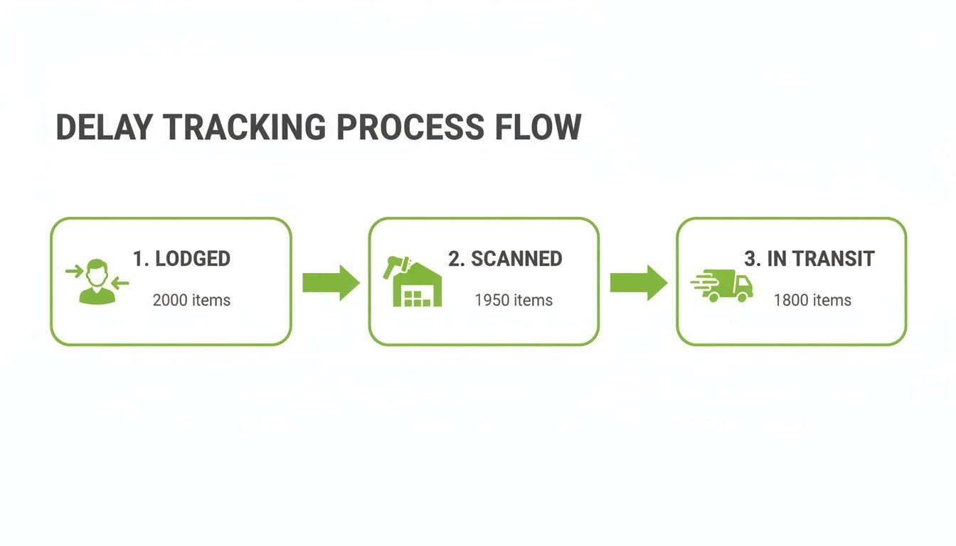 Delay tracking process flow showing three steps: Lodged (2000 items), Scanned (1950 items), In Transit (1800 items).