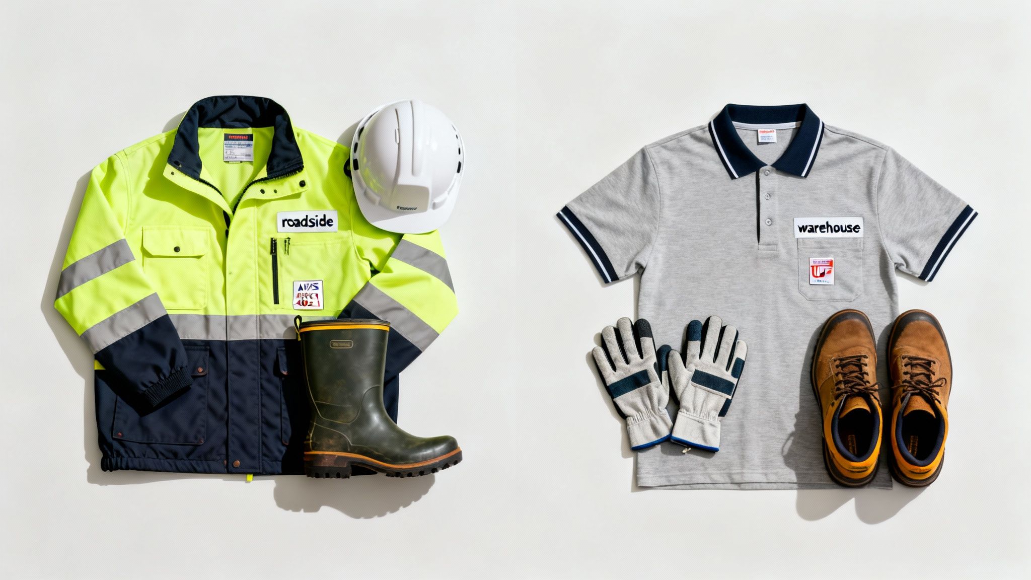 Two distinct sets of workwear including high-visibility gear, a hard hat, gumboots, a polo shirt, gloves, and work boots.