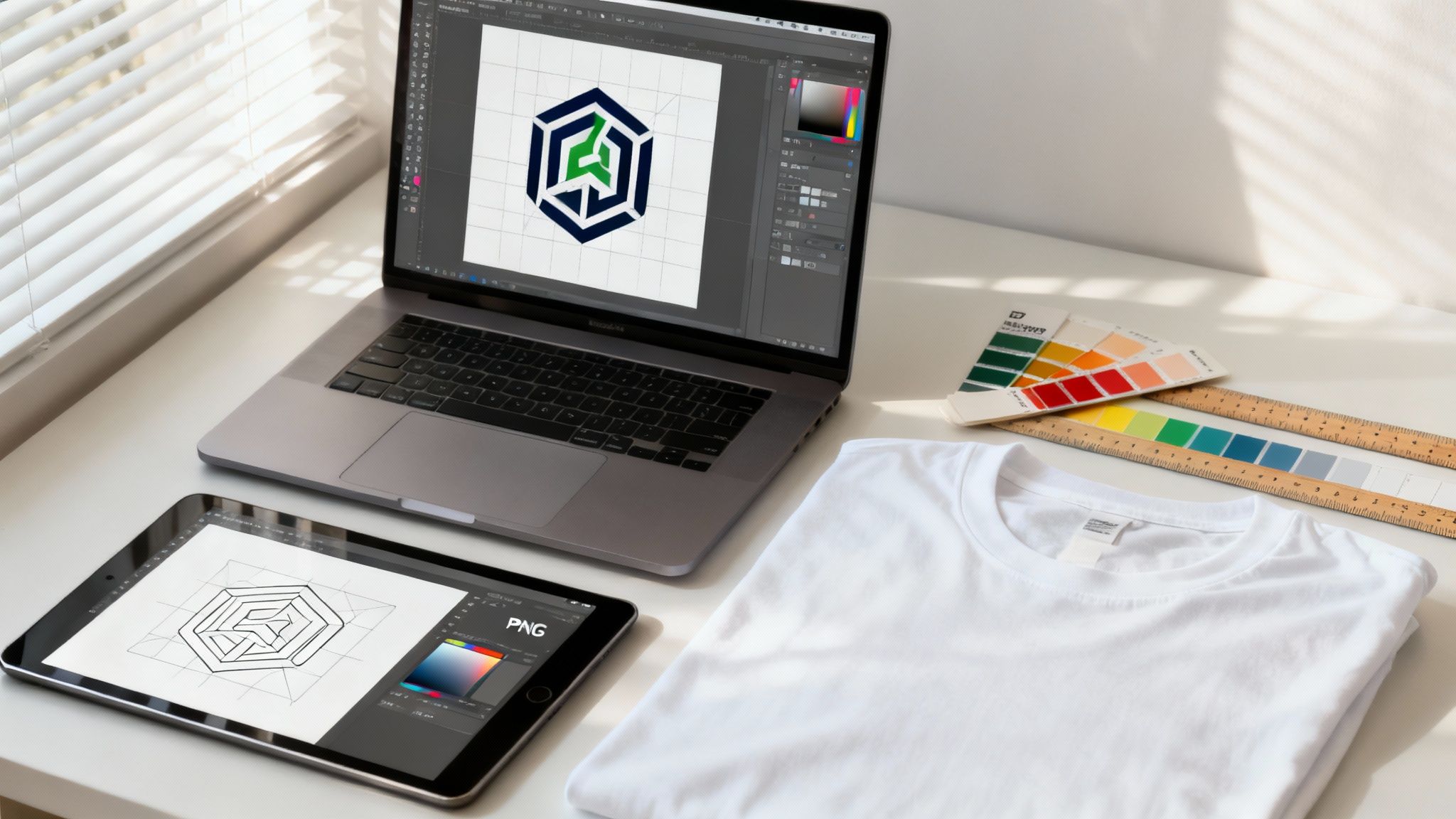 Designer working on hexagonal logo design using graphics software for custom t-shirt printing