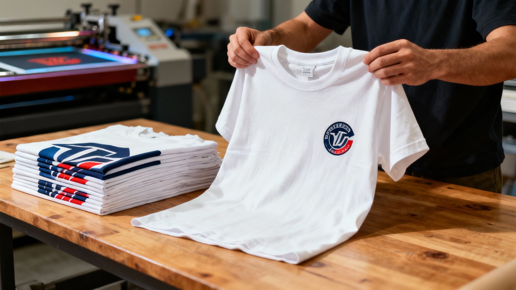 Person holding white t-shirt with custom circular logo printed on chest in print shop