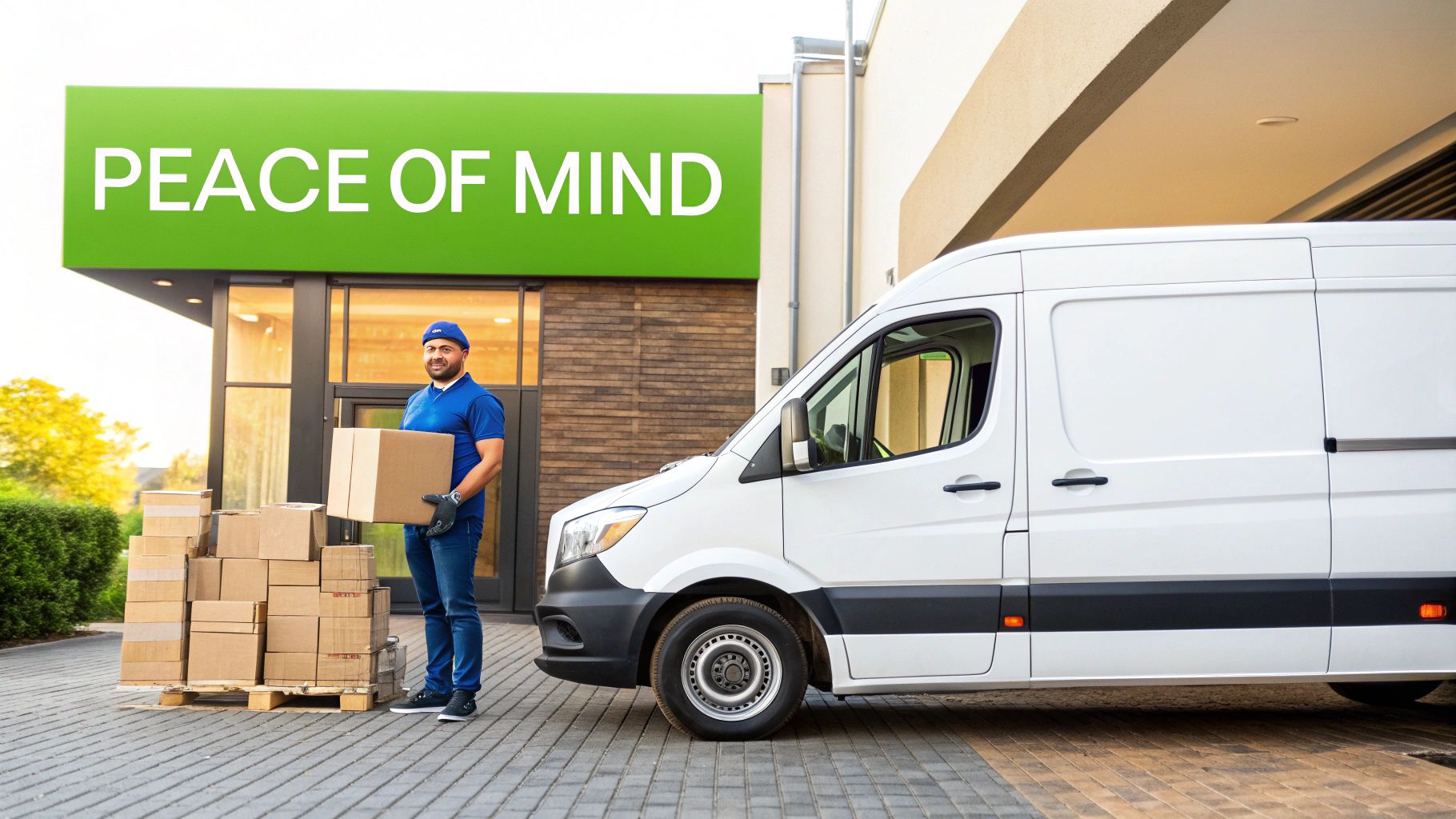 A delivery driver with a package stands next to a white van and boxes, near a building with a 'PEACE OF MIND' sign.