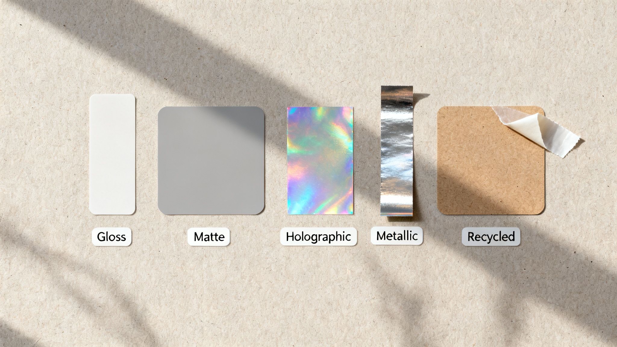 A display of five different sticker materials: gloss, matte, holographic, metallic, and recycled, on a textured background with shadows.