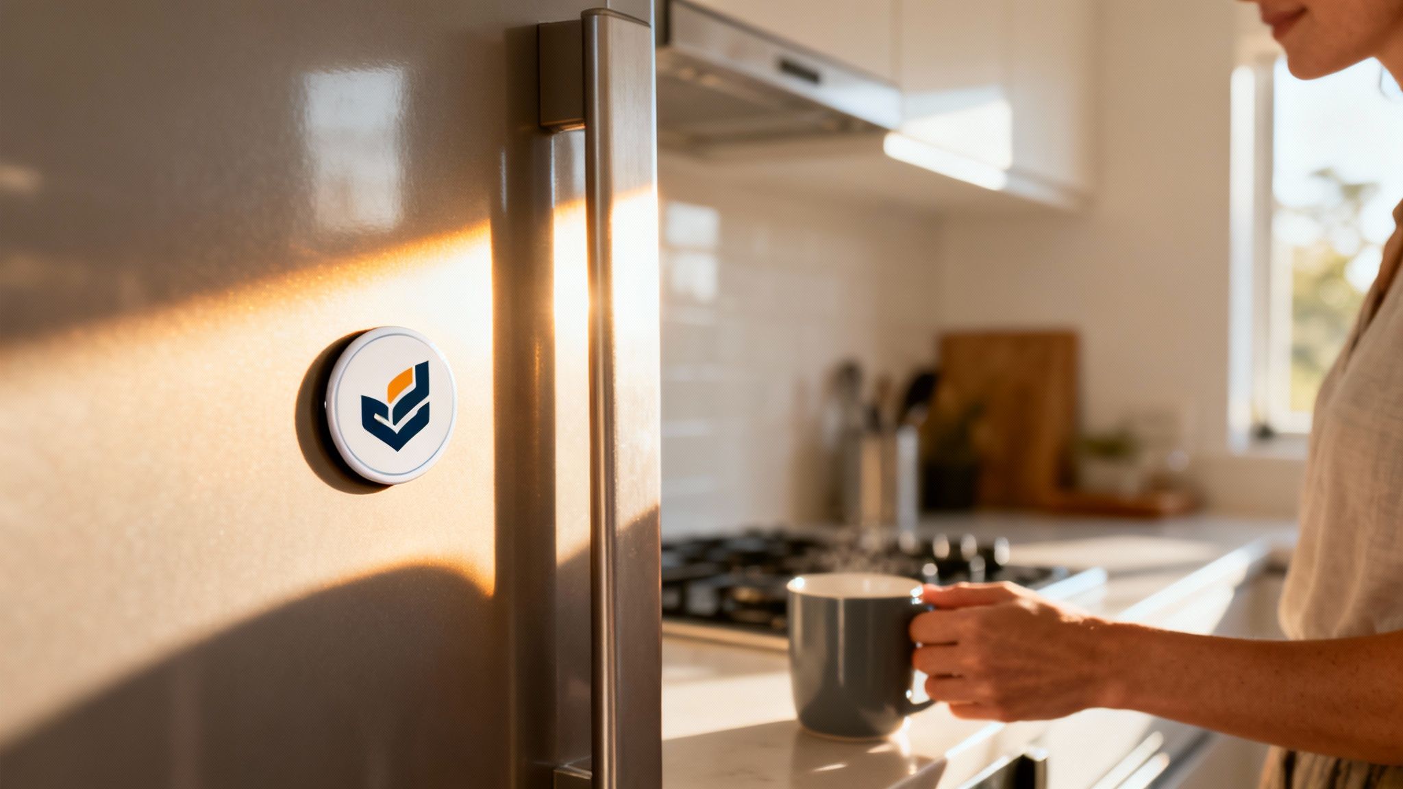 A person holding a steaming mug in a bright kitchen with a custom magnet on the fridge.