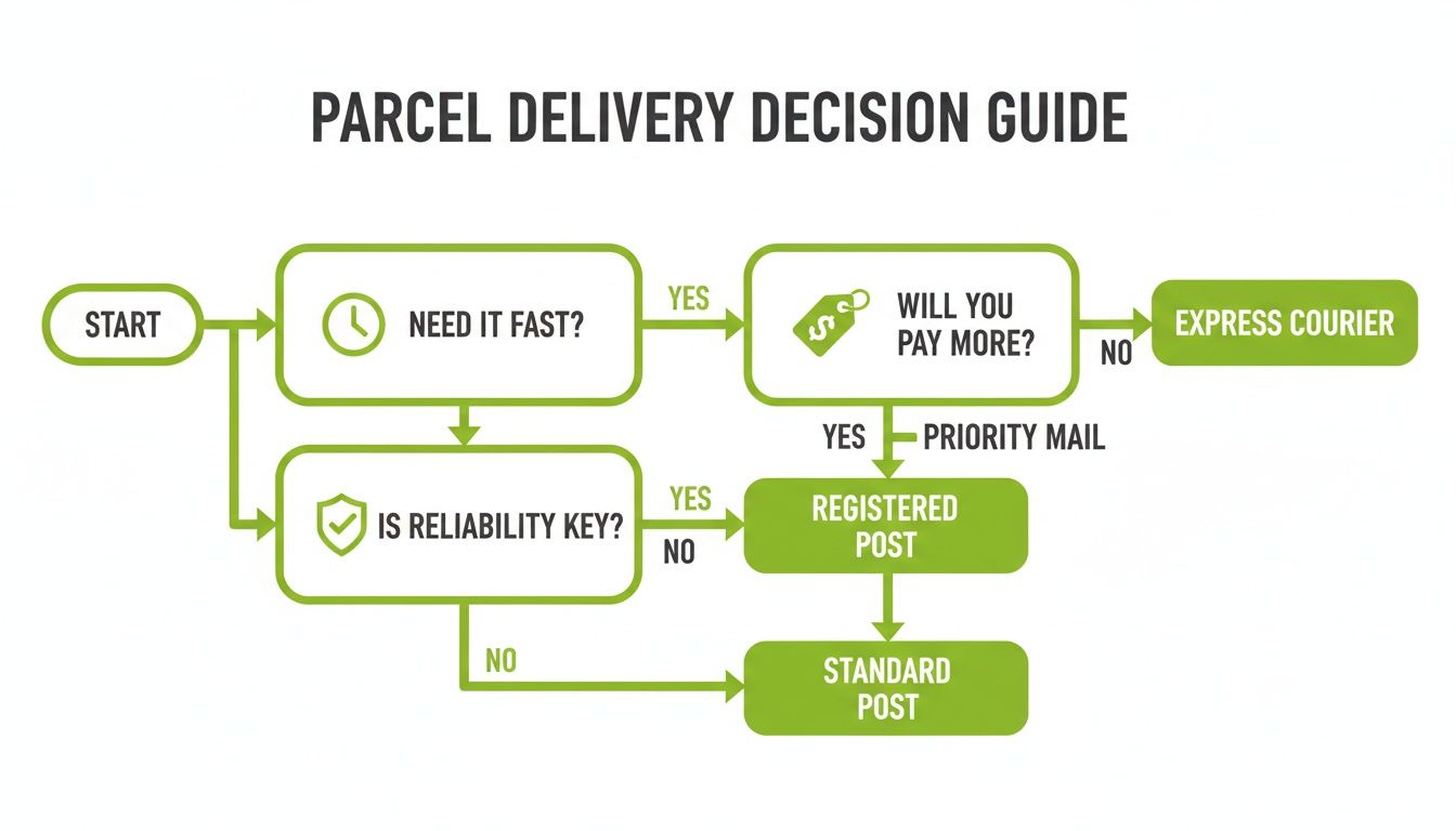 Flowchart guiding parcel delivery service selection based on speed, cost, and reliability.