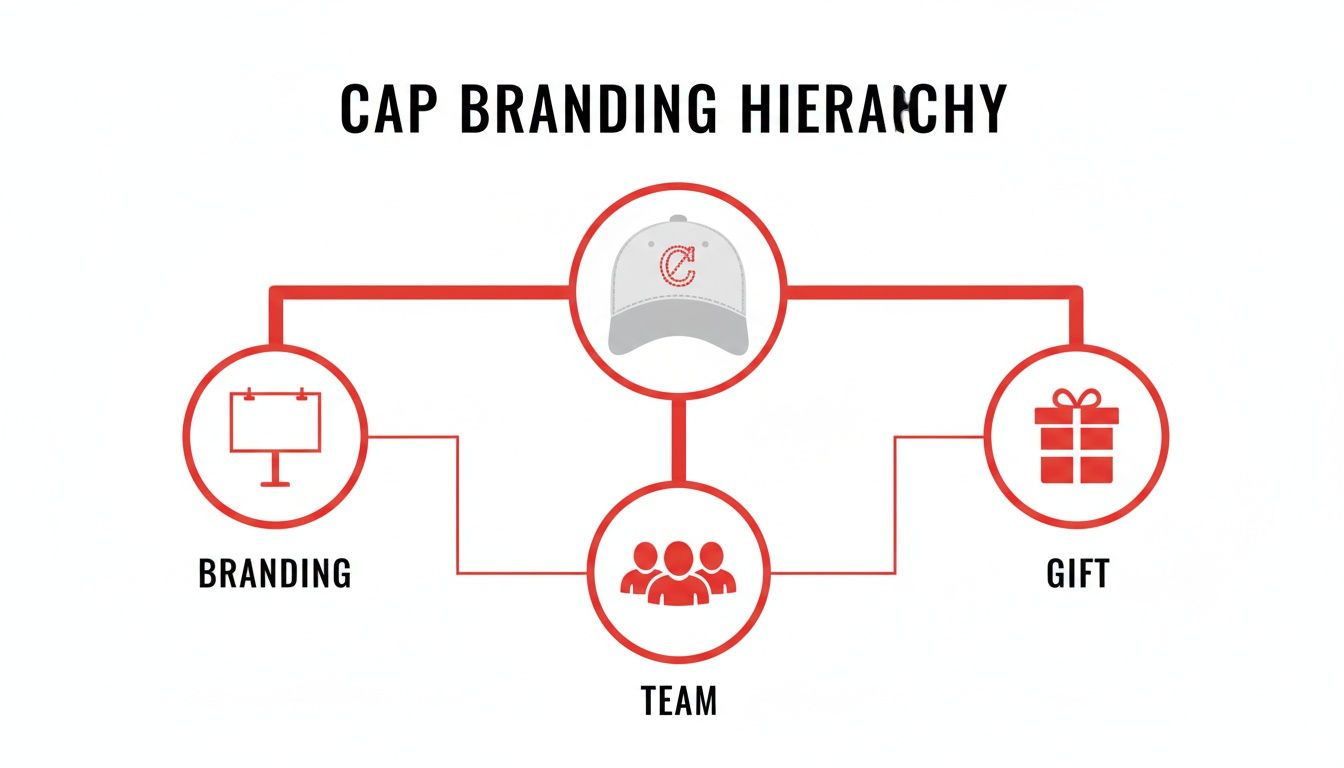Diagram illustrating cap branding hierarchy with a cap at the center connecting to branding, team, and gift categories.