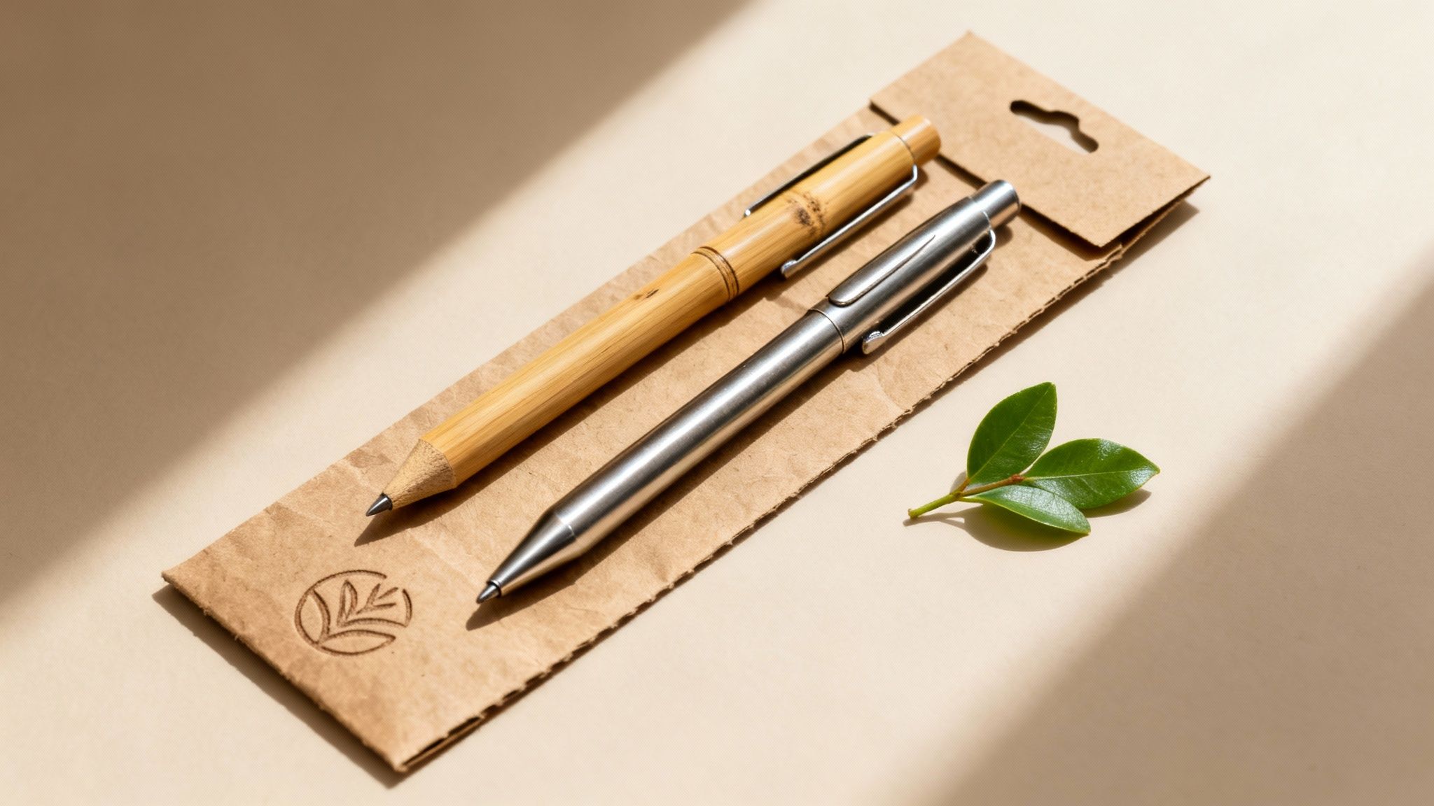 Sustainable writing tools: a bamboo pencil and metal pen on recycled paper with a green leaf.