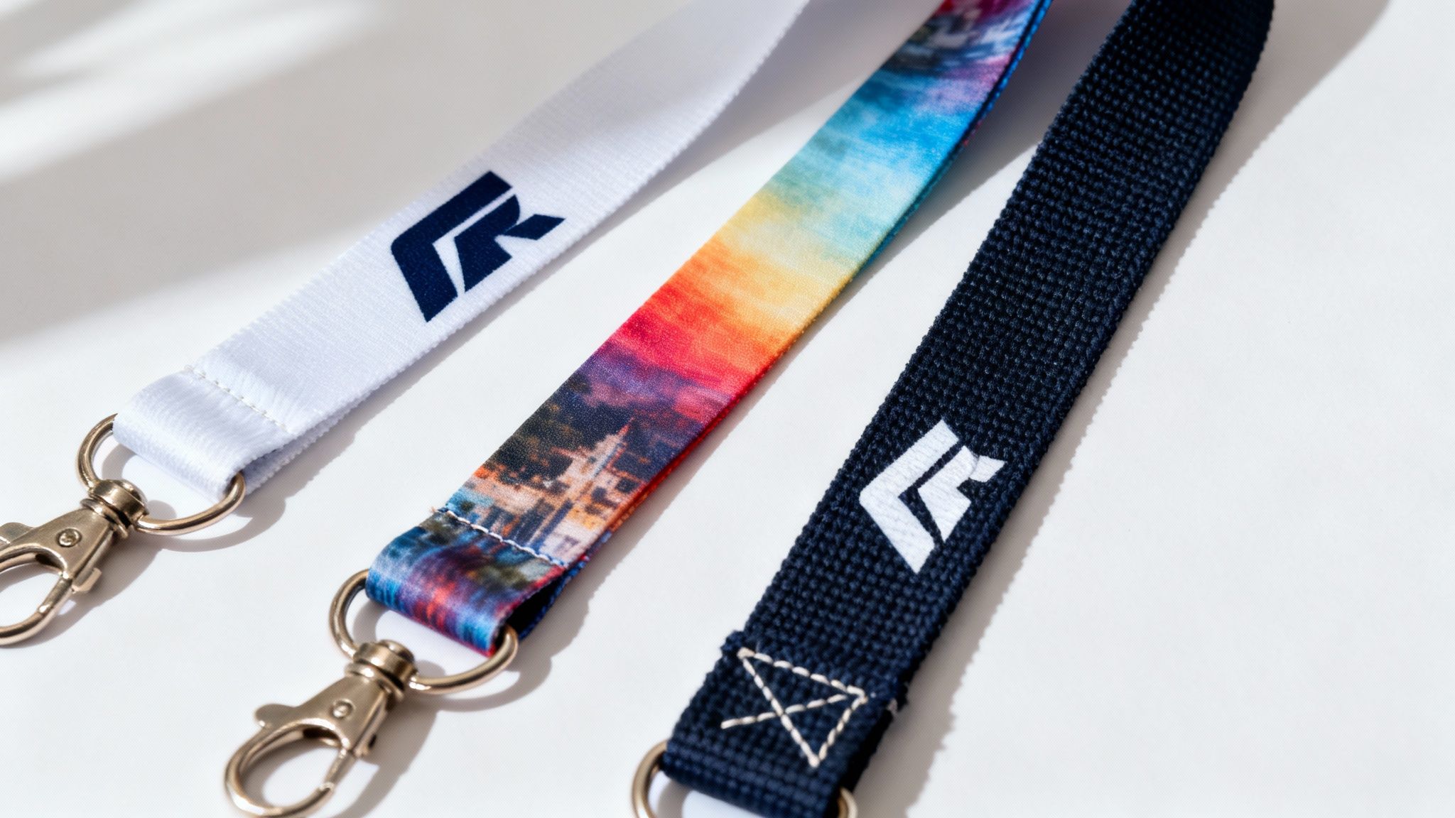 A collection of colourful personalised lanyards showing different branding methods.
