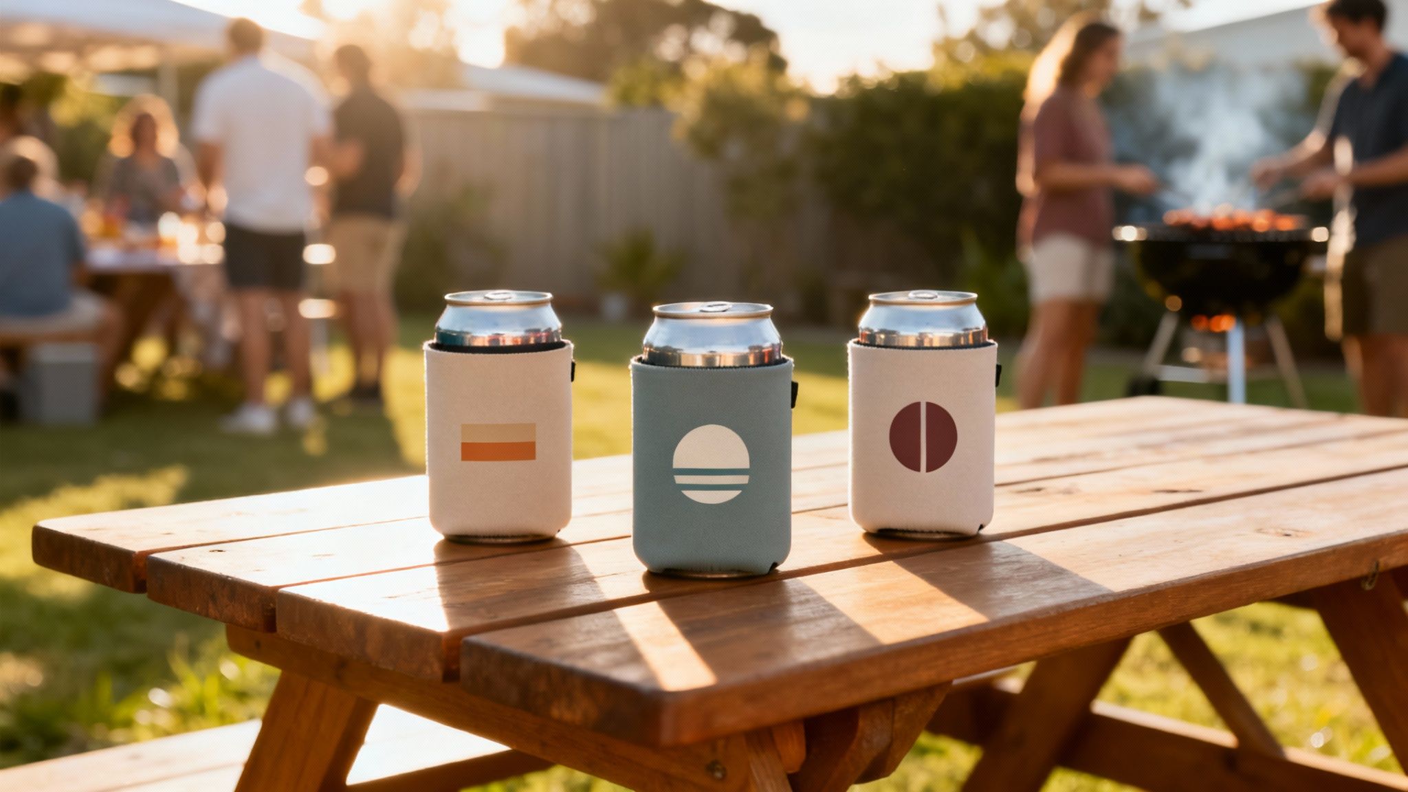 Three personalized stubby holders with cans on a wooden picnic table at a vibrant backyard barbecue.