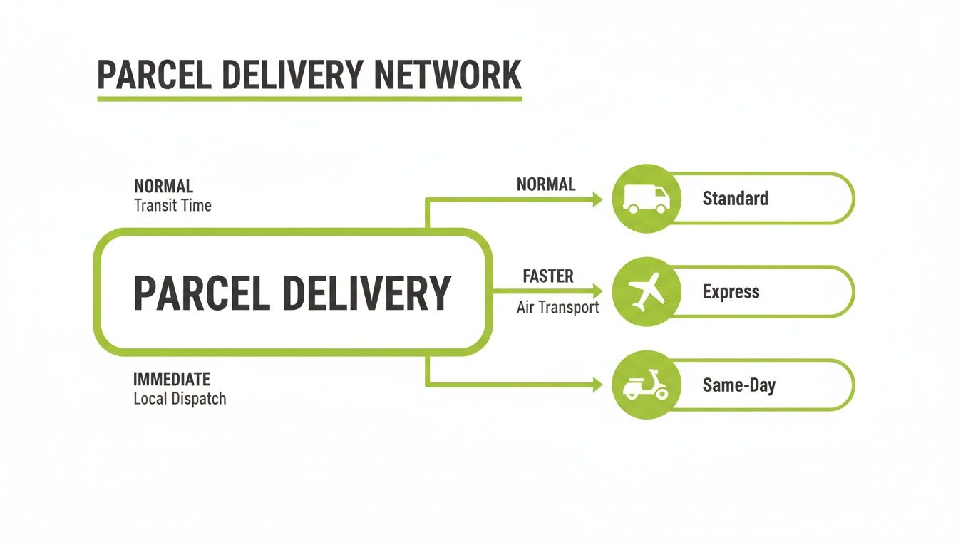 Diagram showing parcel delivery network options: Standard, Express (air transport), and Same-Day (local dispatch) services.