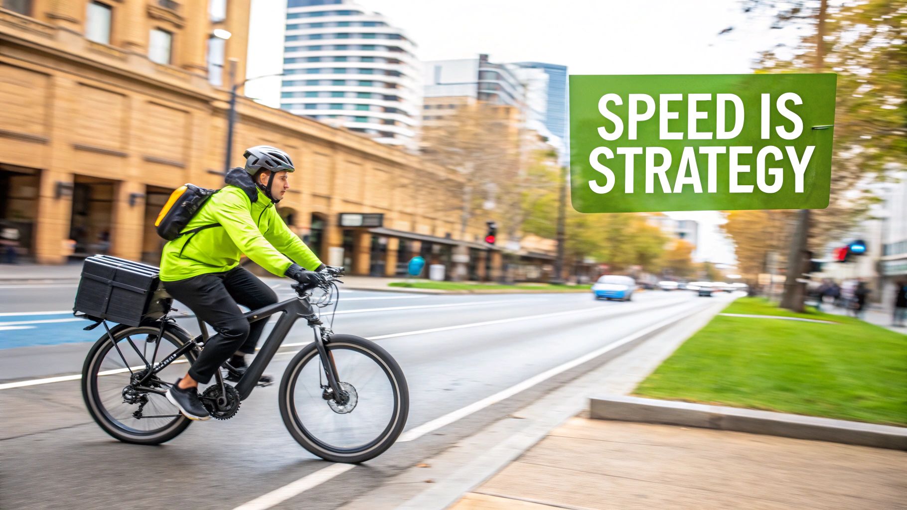 A delivery rider on an e-bike with a cargo box speeds through a city street, sign reads 'SPEED IS STRATEGY'.