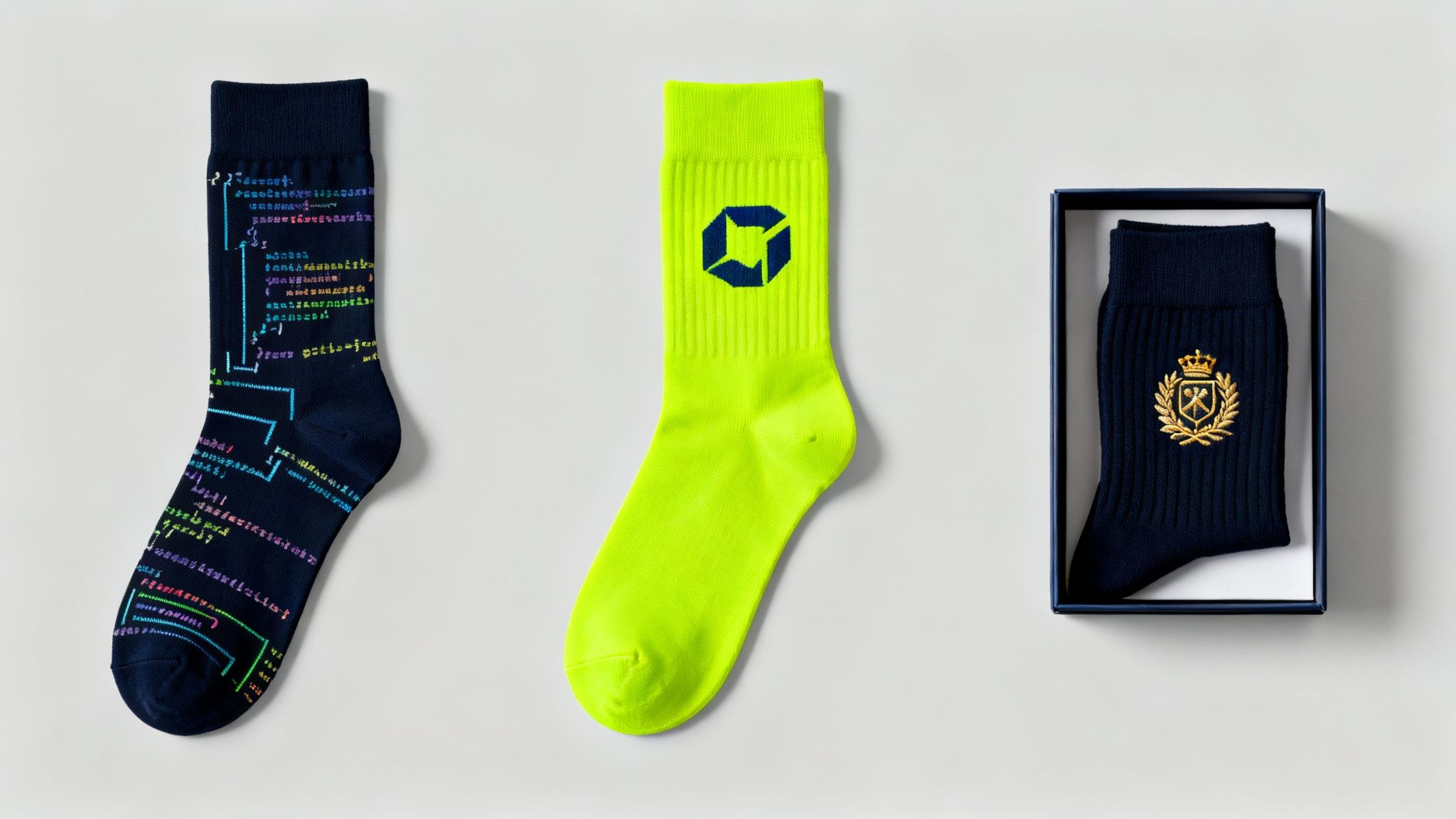 People at a fun run event, all wearing matching colourful personalised socks.