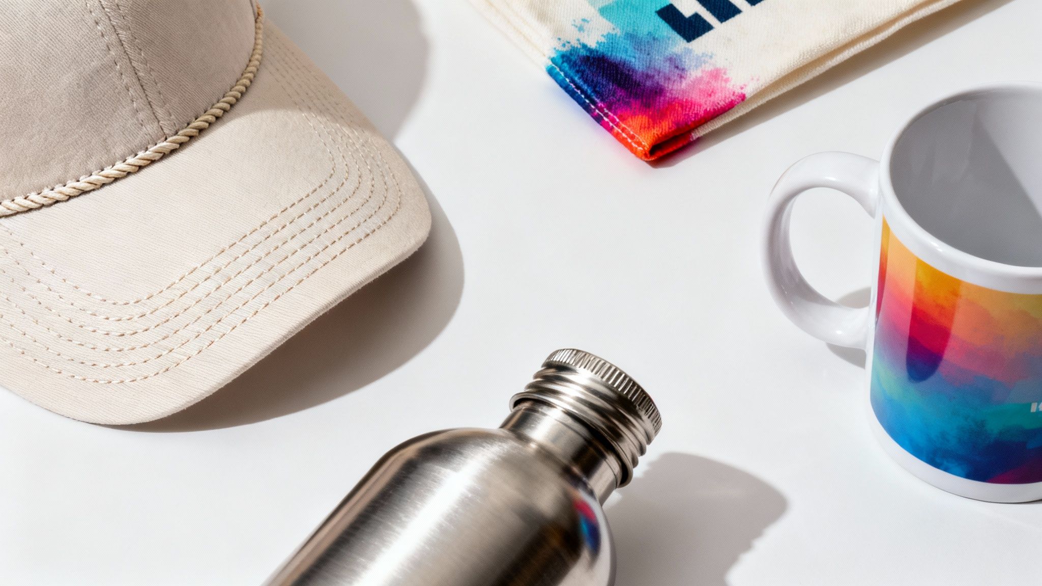 A flat lay of promotional merchandise: a beige cap, a colorful mug, a stainless steel water bottle, and a printed bag.