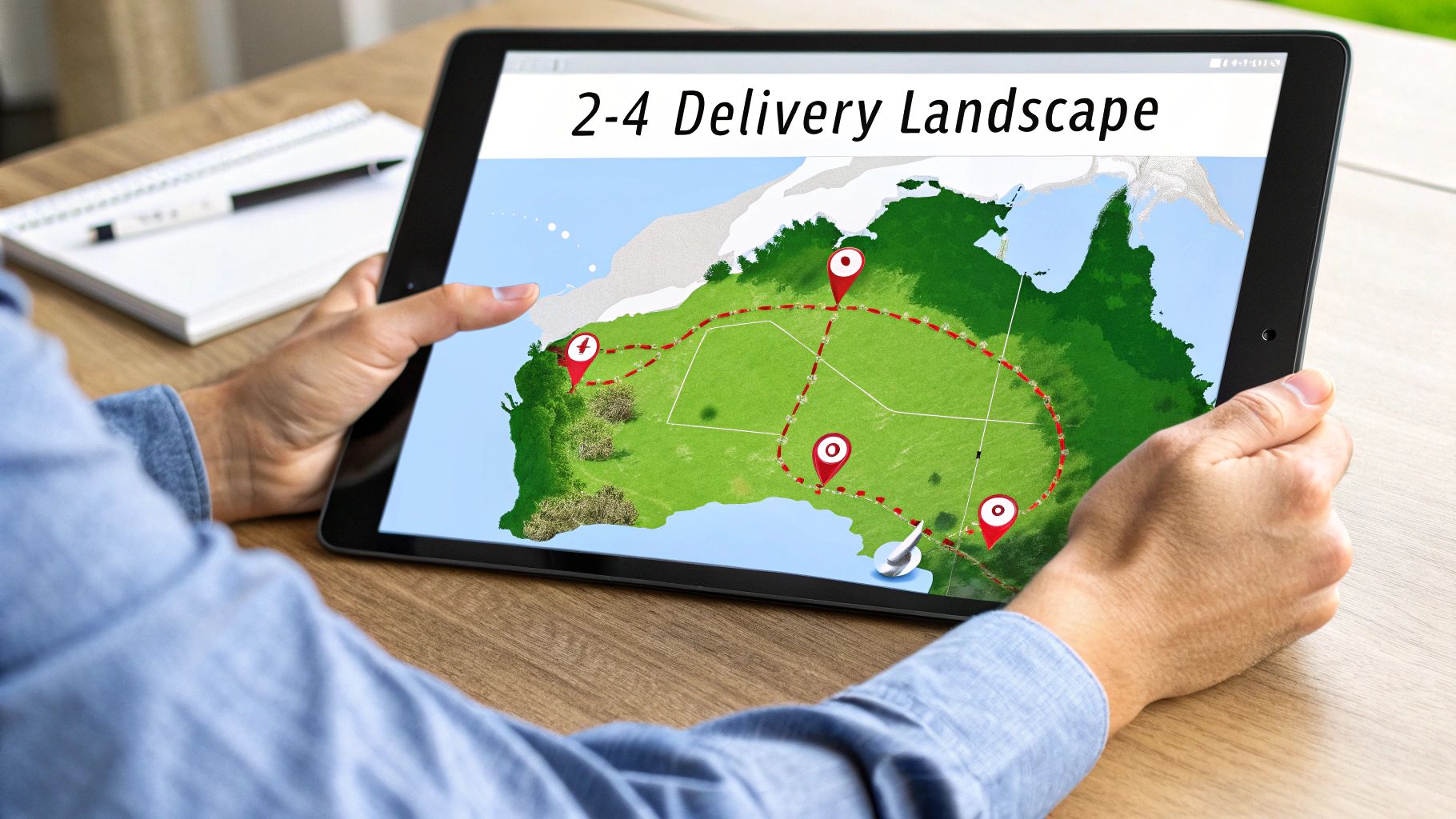Person holding a tablet displaying a map of Australia with a delivery network and title '2-4 Delivery Landscape'.