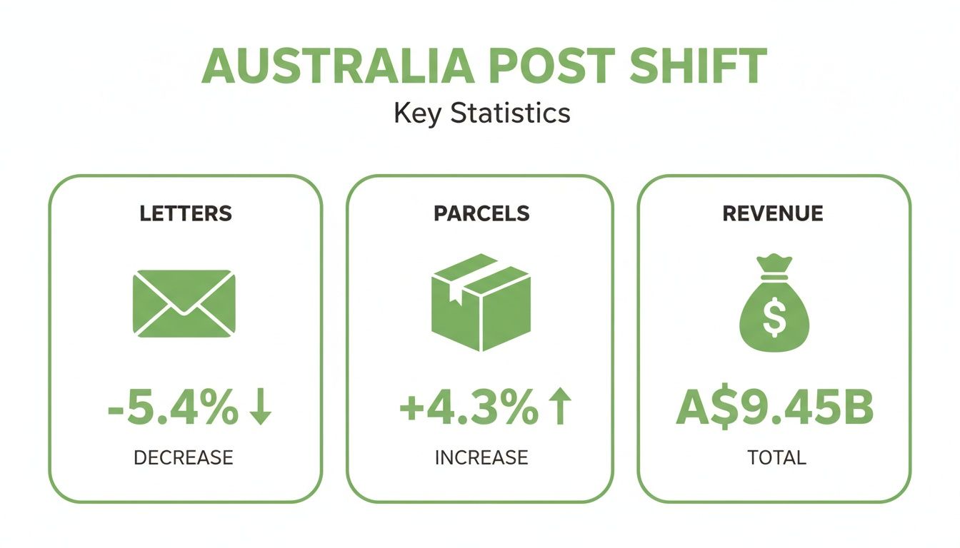Australia Post key statistics infographic showing a decrease in letters, increase in parcels, and total revenue.