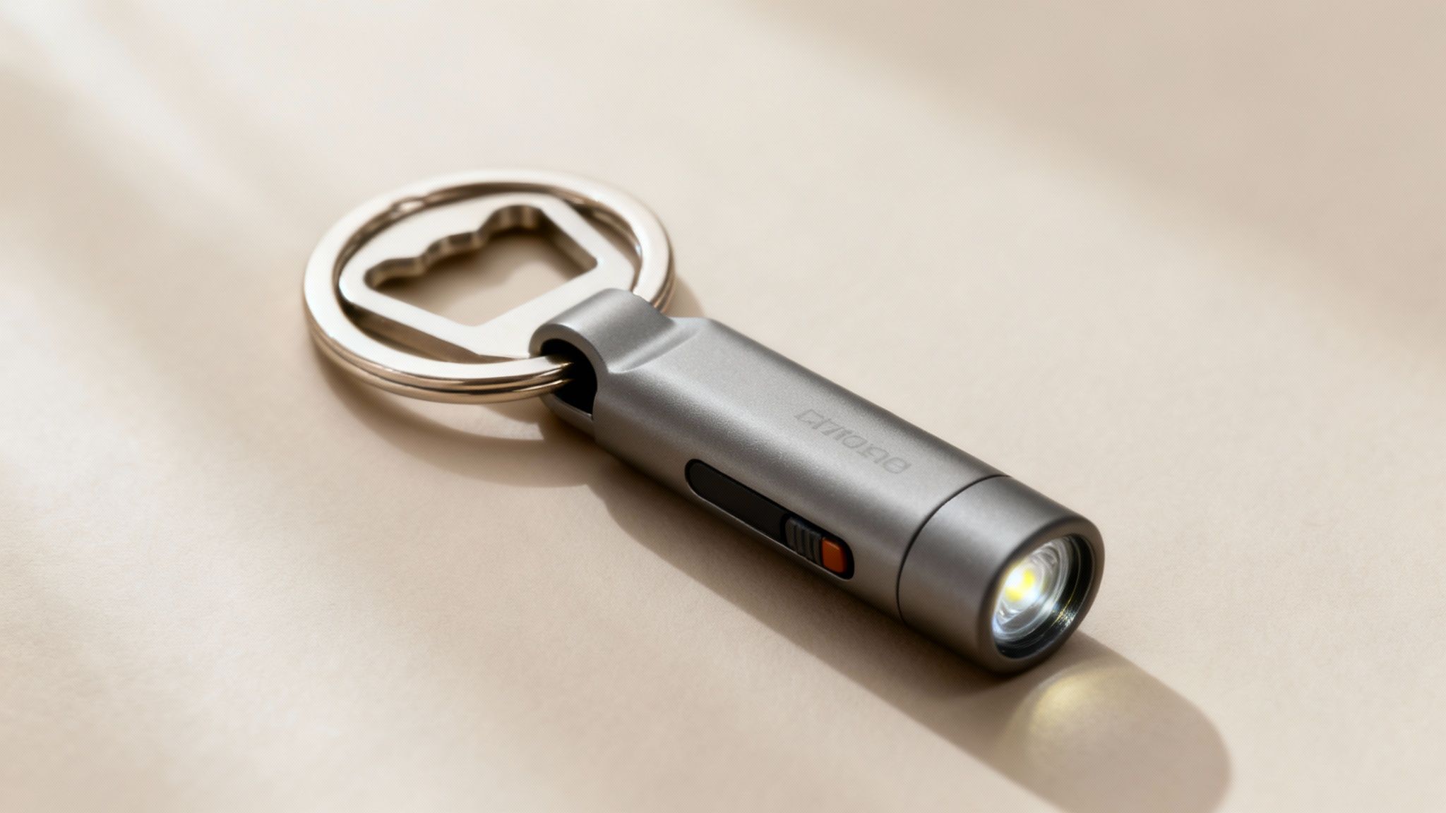 A person's hand holding a set of keys with a uniquely designed promotional keyring attached.